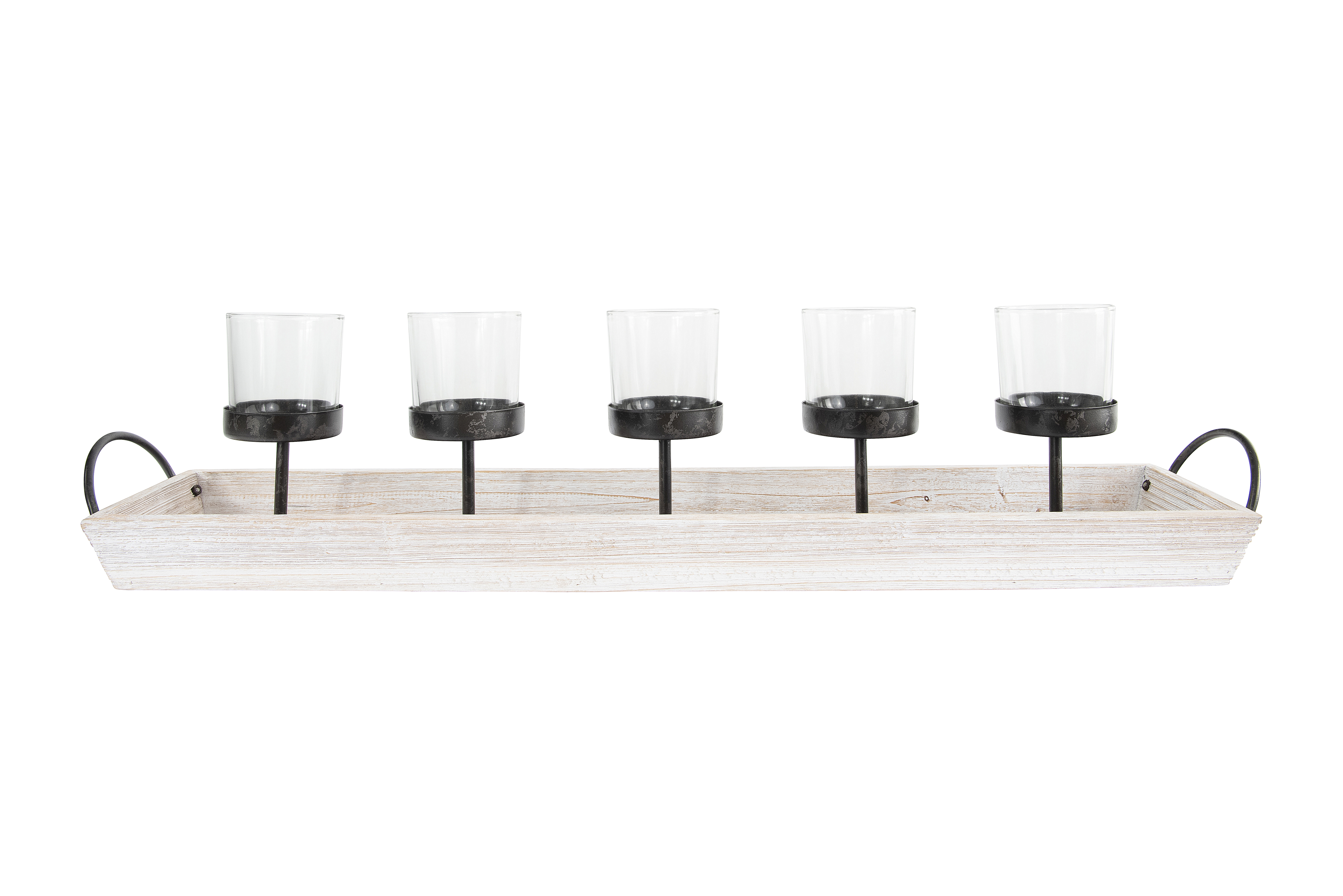 5 Metal Votive Candleholders in Rectangle Wood Tray with Handles - Nomad Home