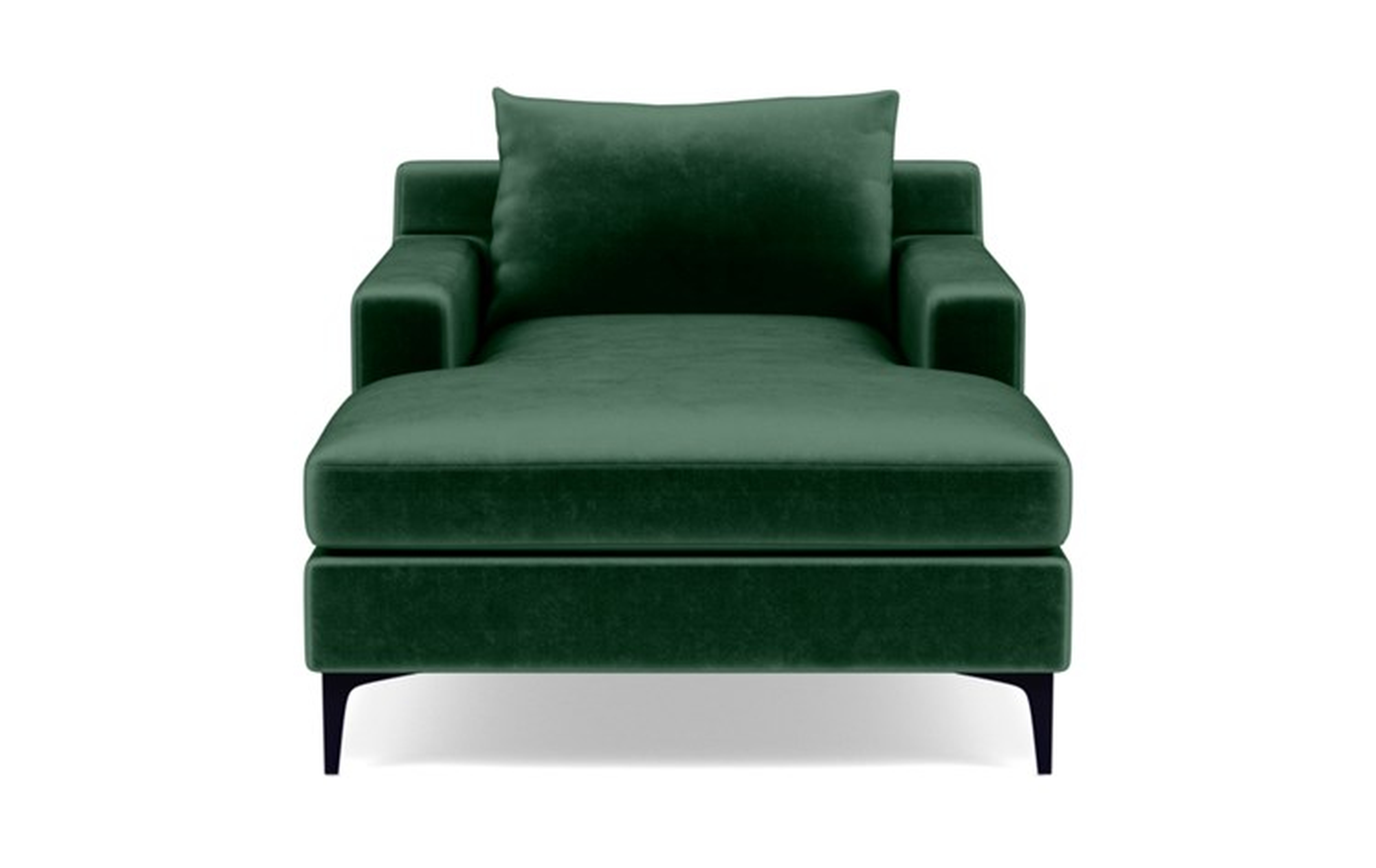 Sloan Chaise Chaise Lounge with Green Malachite Fabric, double down blend cushions, and Matte White legs - Interior Define