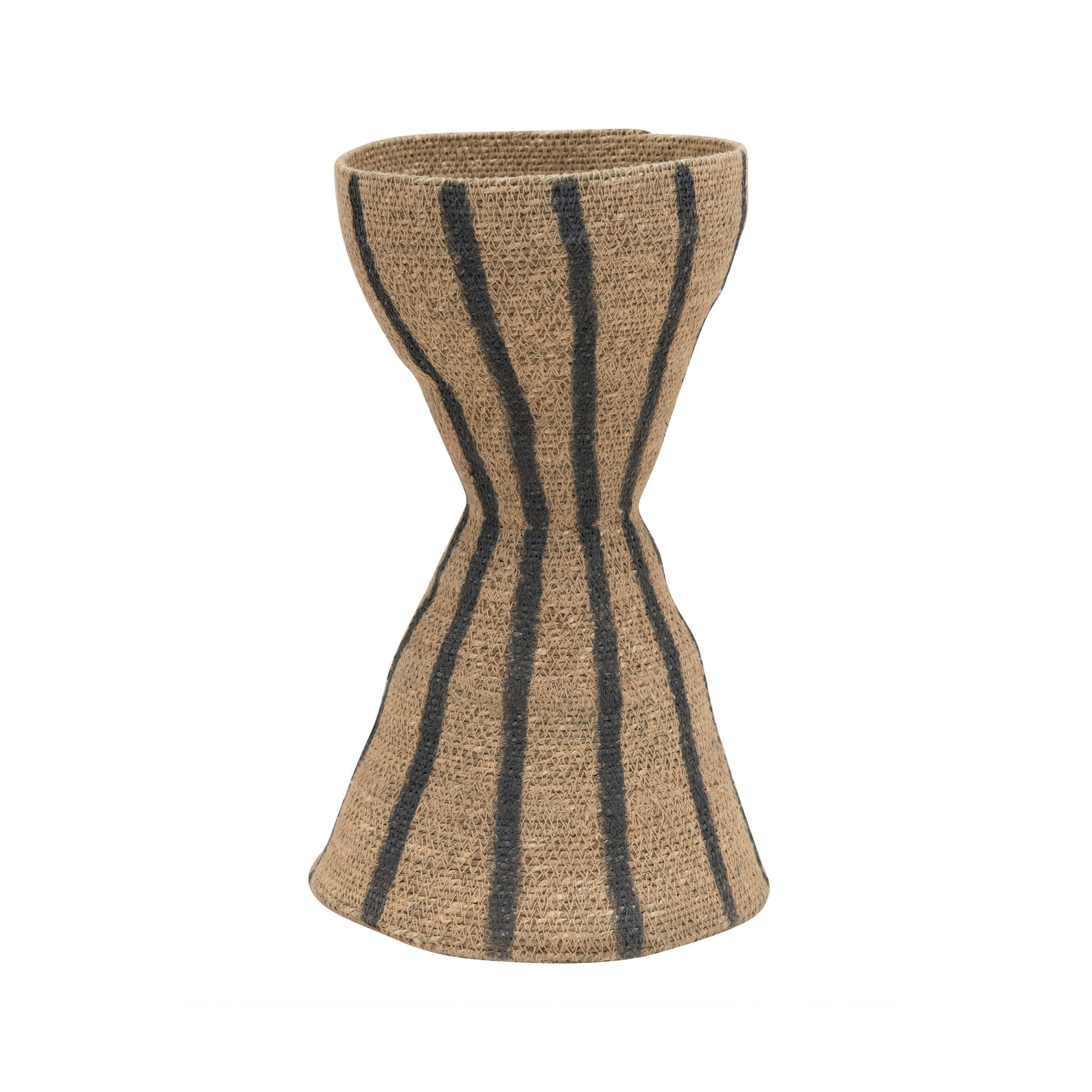 Hand-Woven Seagrass Hour Glass Shape Vase with Stripes, Natural & Black - Moss & Wilder