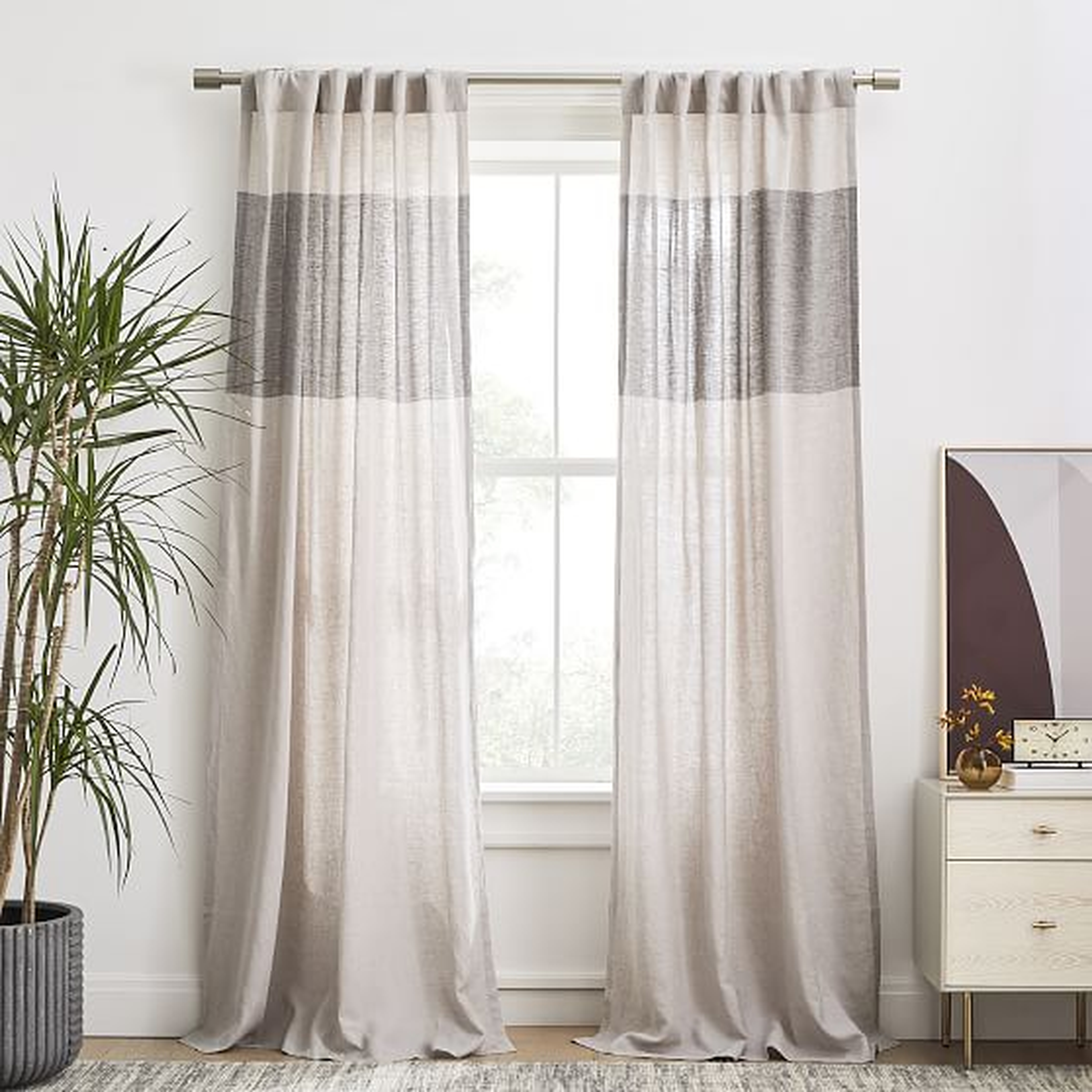 European Flax Linen Contrast Stripe Curtain, Frost Gray/Slate, 48"x96" - West Elm