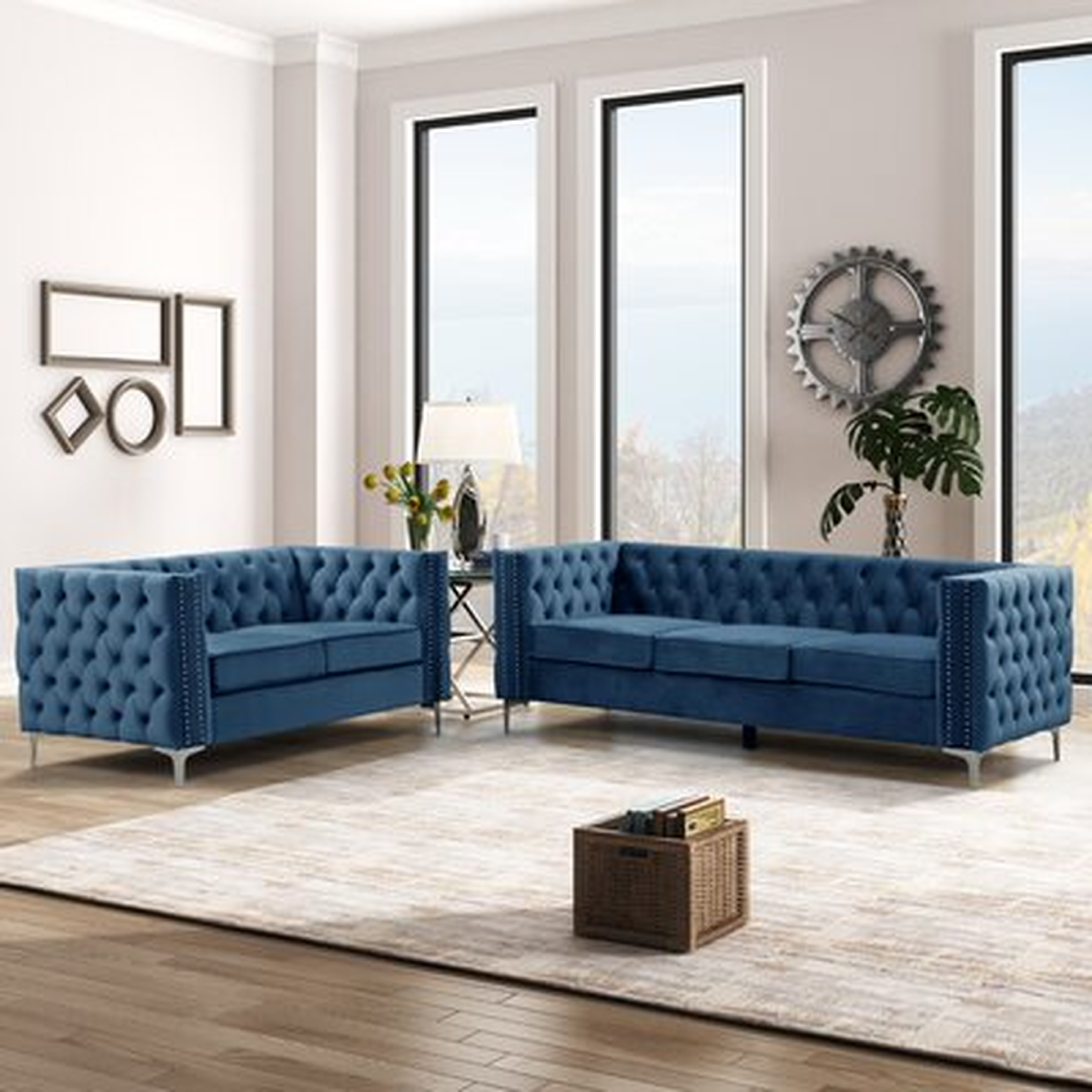 Modern 2 Pieces Of Loveseat And Sofa Sets With Dutch Velvet Blue, Iron Legs - Wayfair