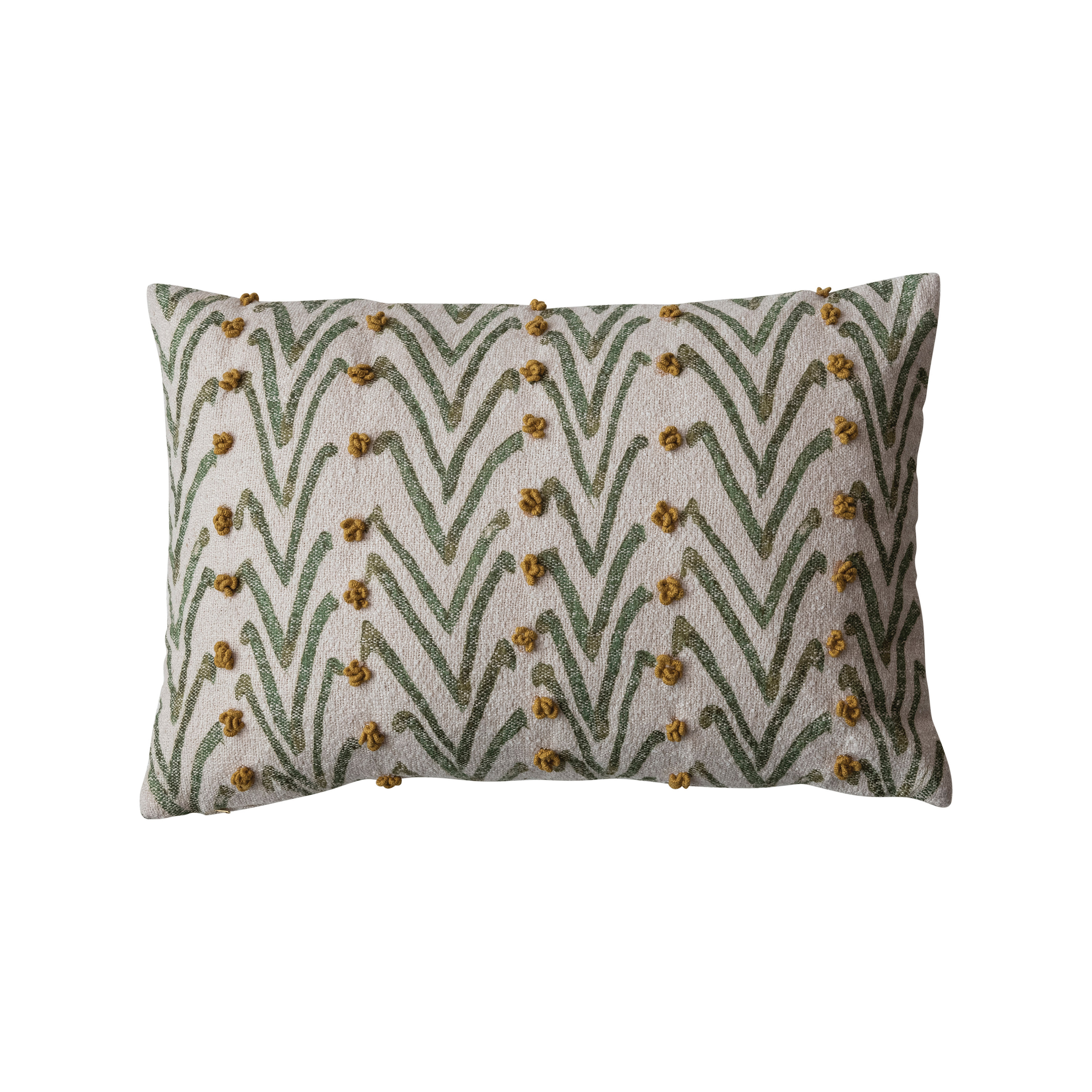 Woven Cotton Blend Printed Lumbar Pillow with Floral Pattern and French Knots, Natural, Green and Mustard - Creative Co-Op