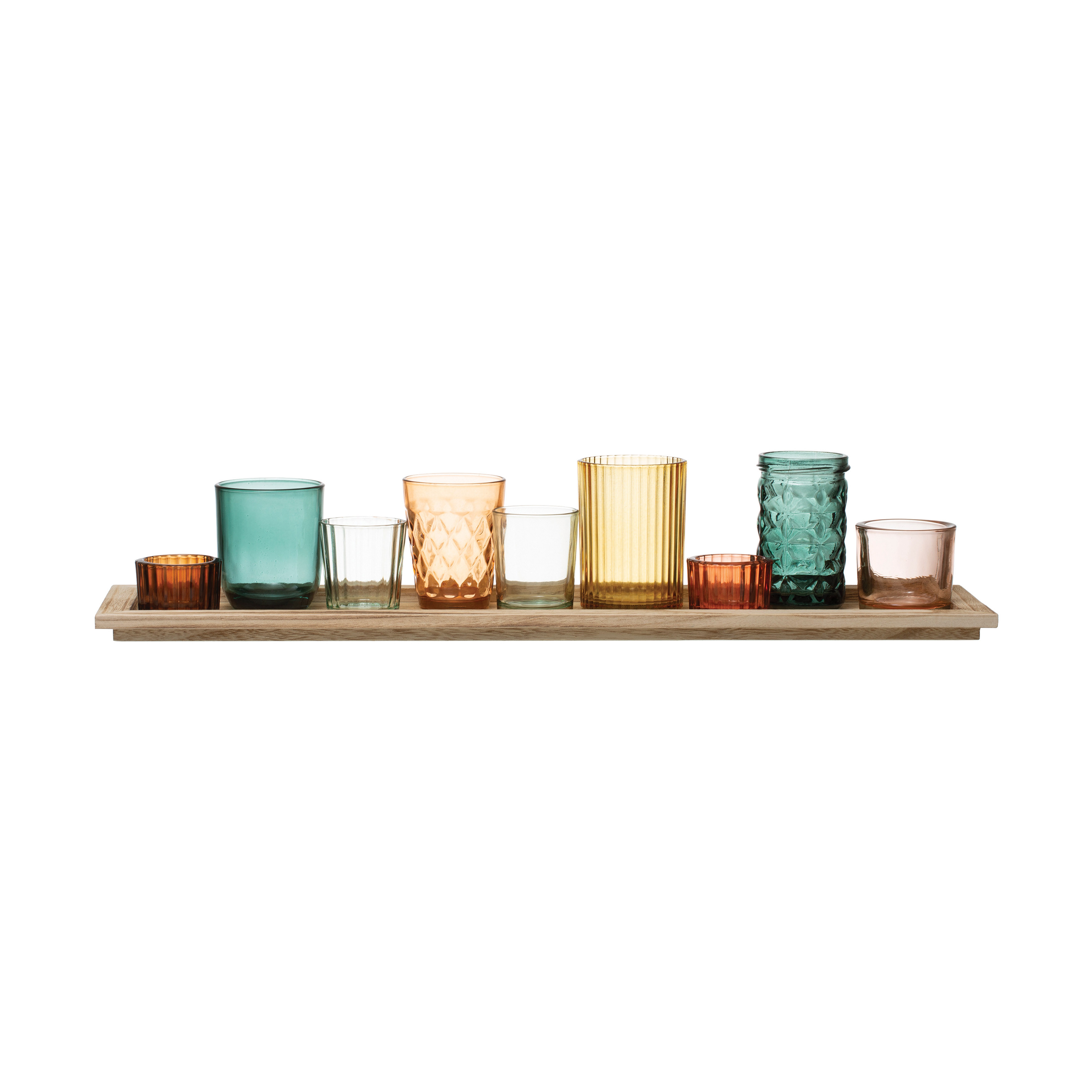 Round Glass Votive Holders on Wood Tray, Multicolor, Set of 9 - Creative Co-Op