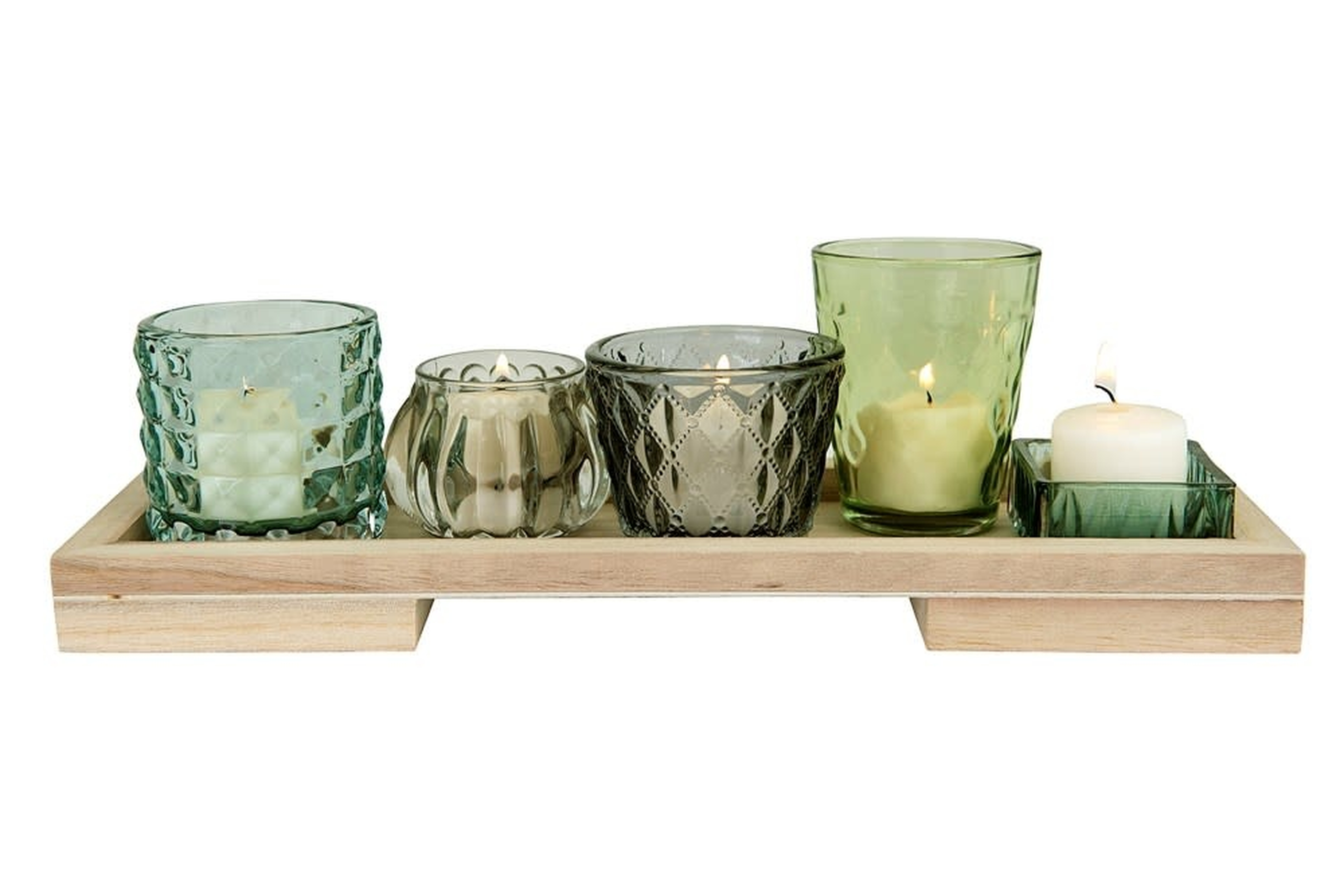 Glass Votive/Tealight Holders on Wood Tray (Set of 5 Pieces) - Nomad Home