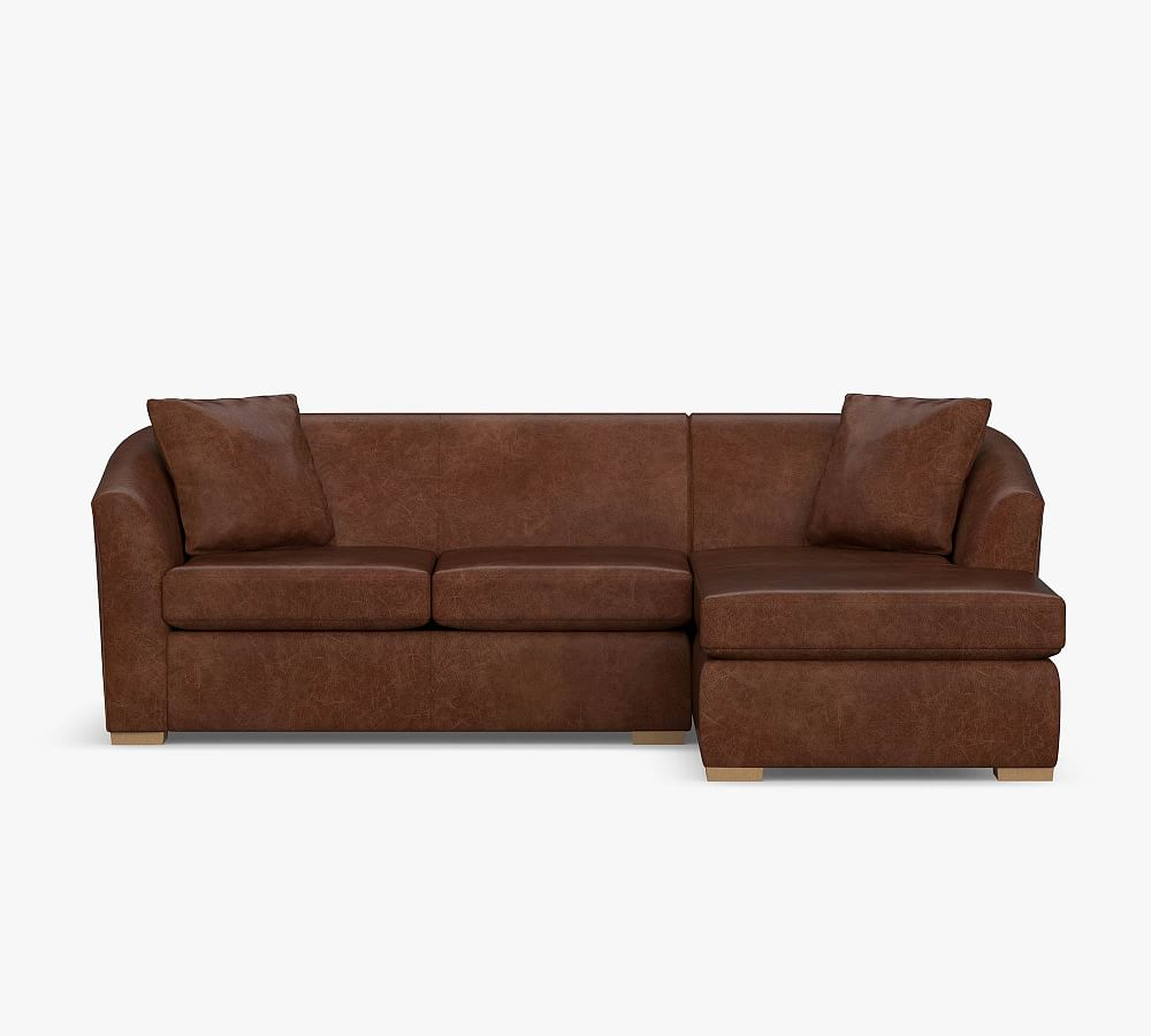 Bodega Leather Right Arm Sofa with Chaise Sectional, Polyester Wrapped Cushions, Vintage Camel - Pottery Barn
