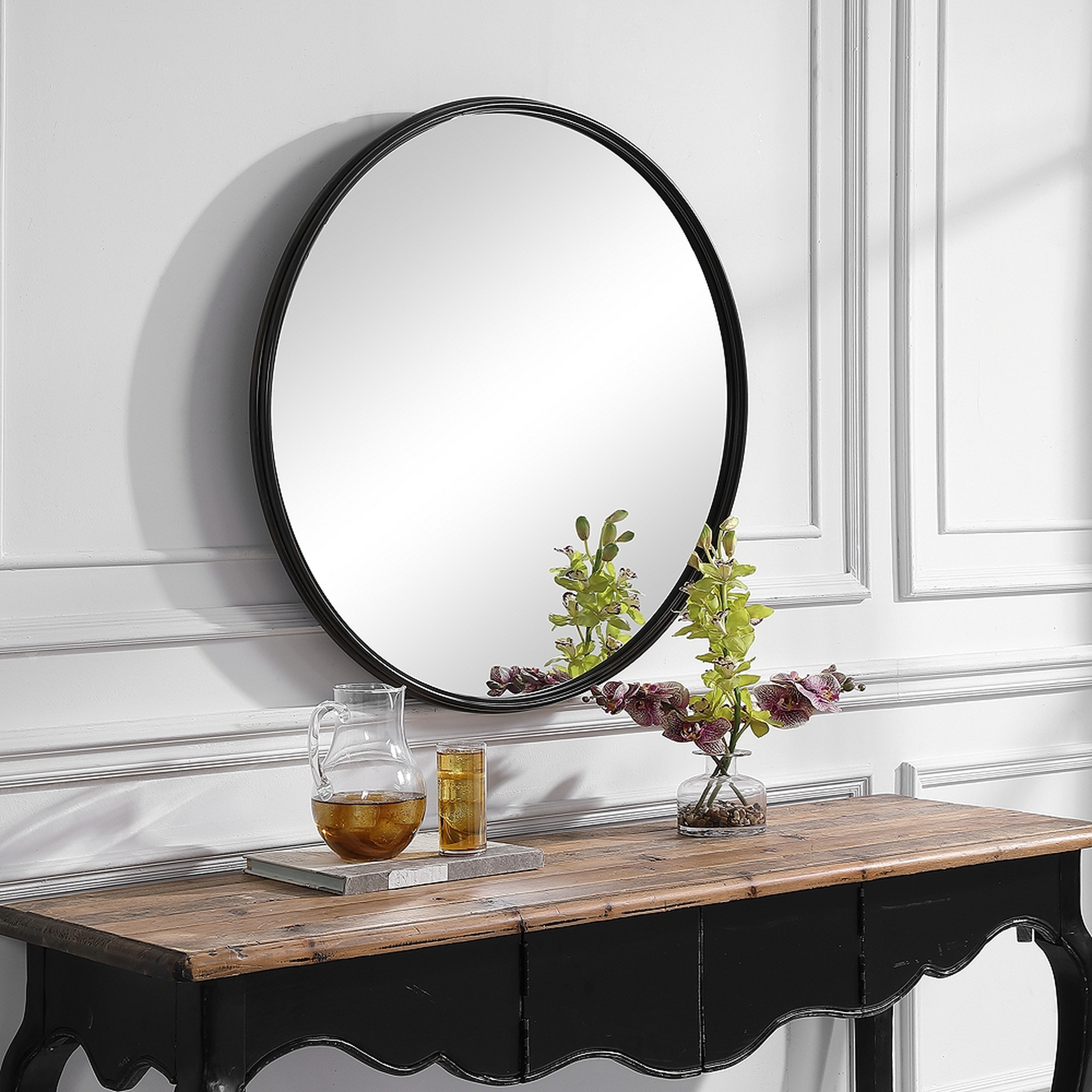 Uttermost Belham Aged Satin Black 35" Round Wall Mirror - Style # 94K11 - Lamps Plus