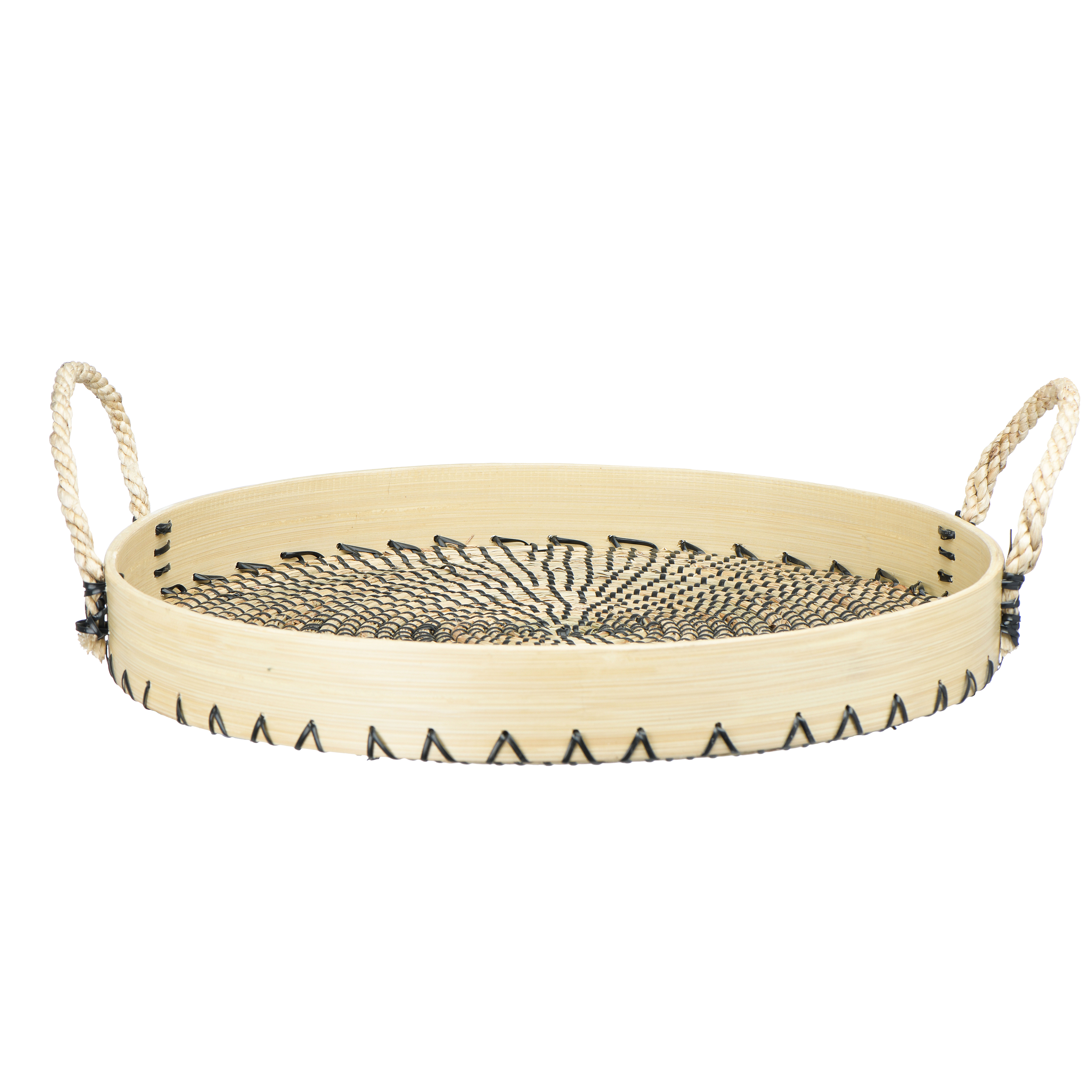 Decorative Seagrass and Bamboo Natural and Black Tray with Rope Handles - Creative Co-Op