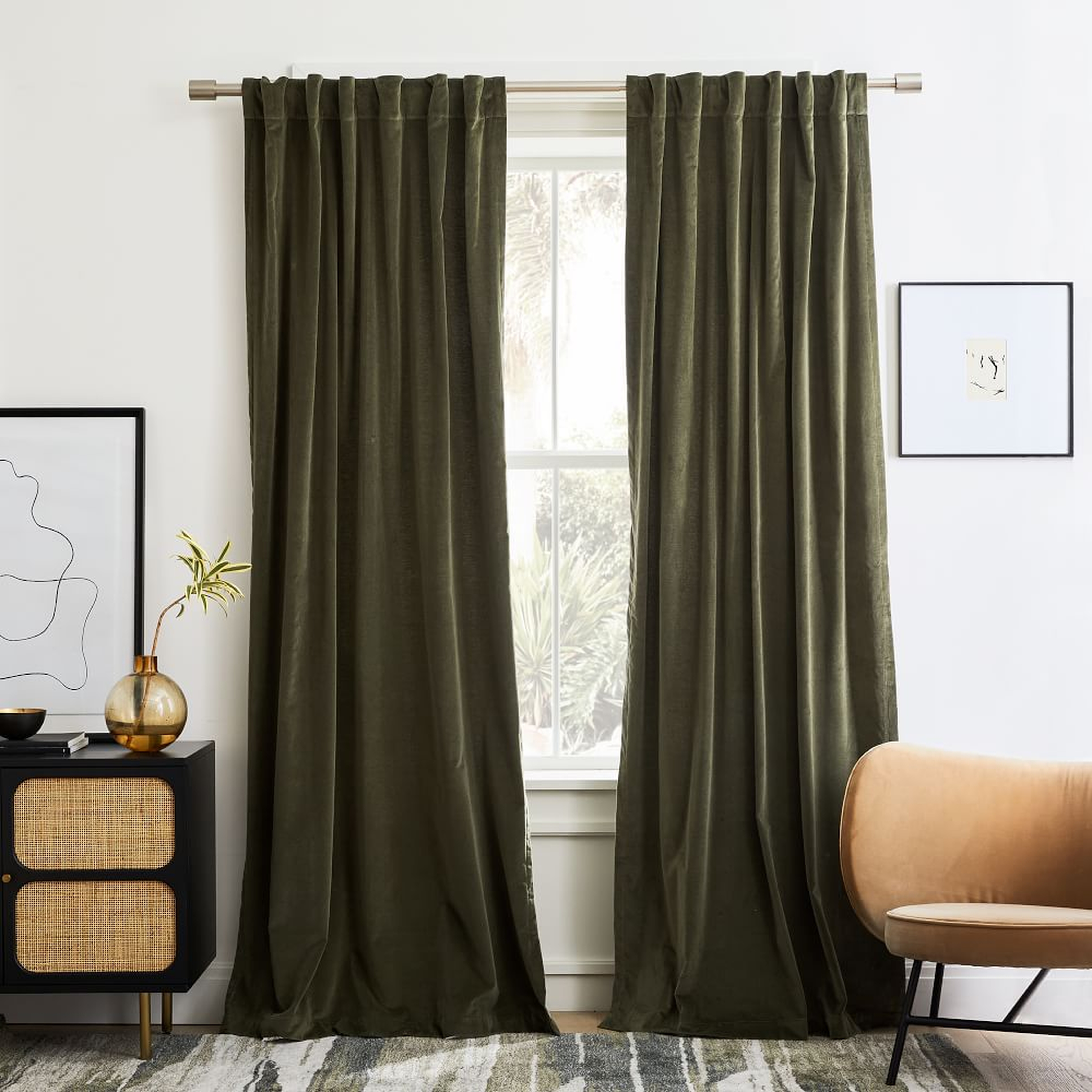 Cotton Velvet Curtain, Dark Olive, 48"x84", Set of 2 - West Elm