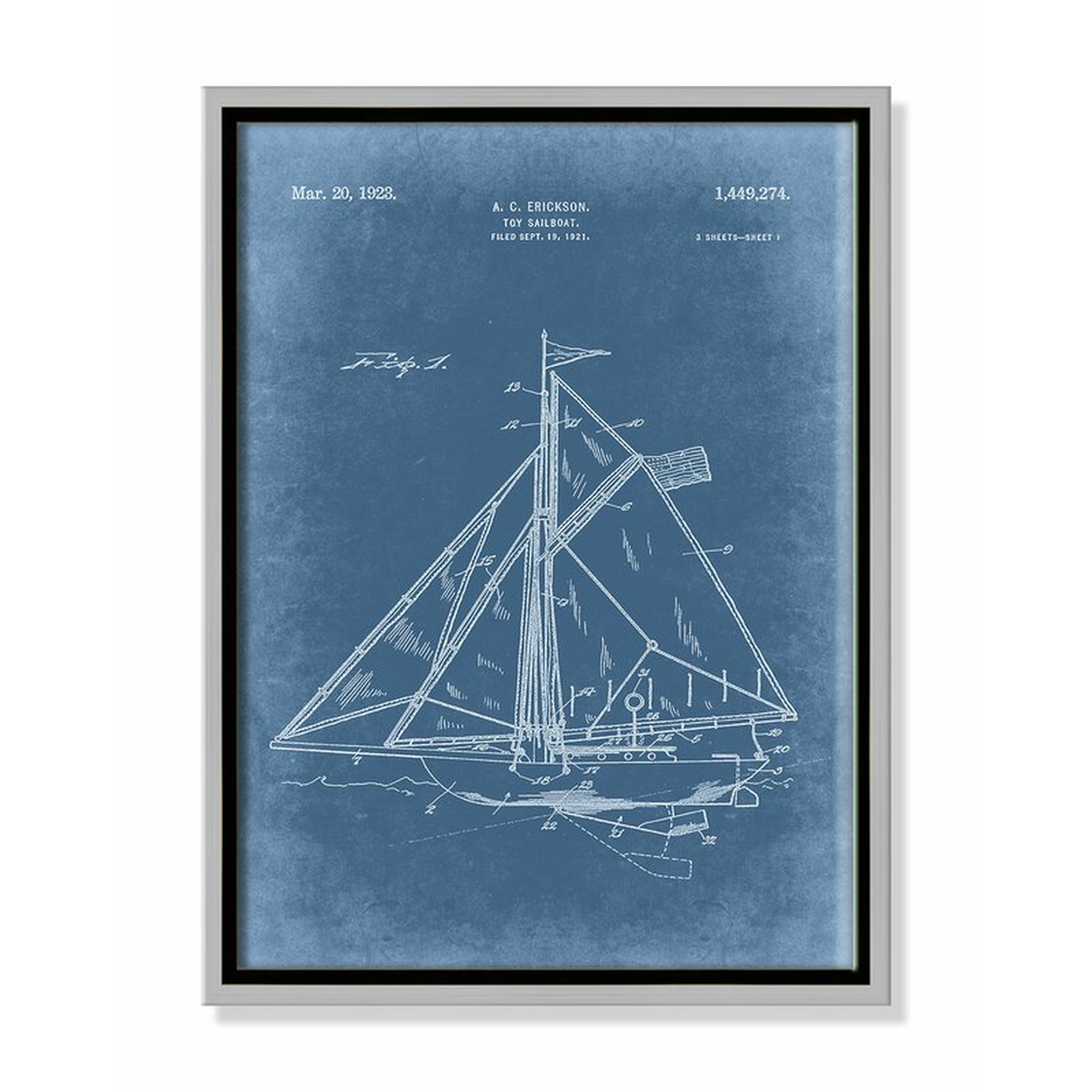 Casa Fine Arts 'Sailboat 1 Blueprint  - Blue' - Floater Frame Graphic Art on Canvas Frame Color: Silver Framed, Size: 16" H x 12" W x 2" D - Perigold