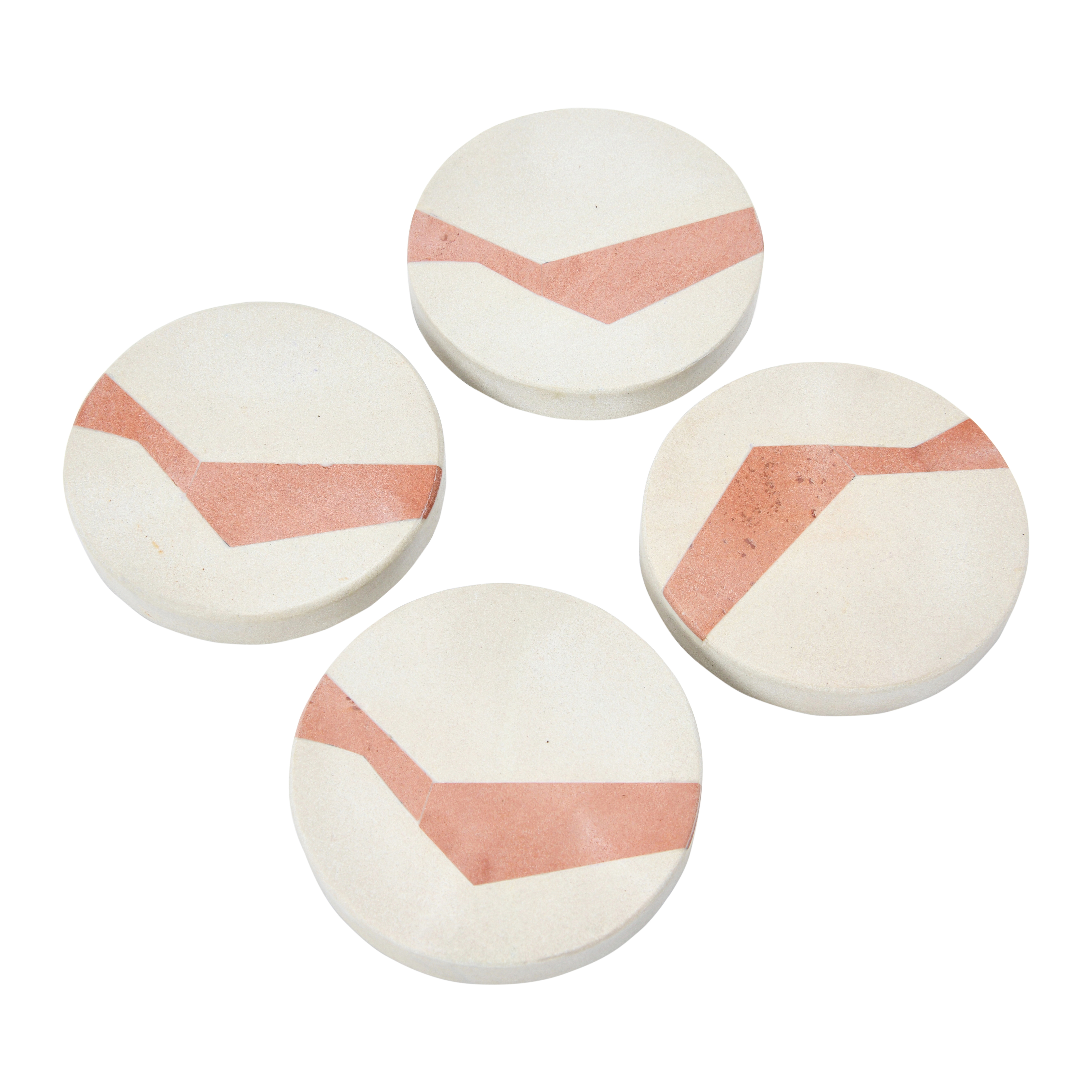 Round Sandstone Coasters with Abstract Design, Off-White/Terracotta, Set of 4 - Nomad Home