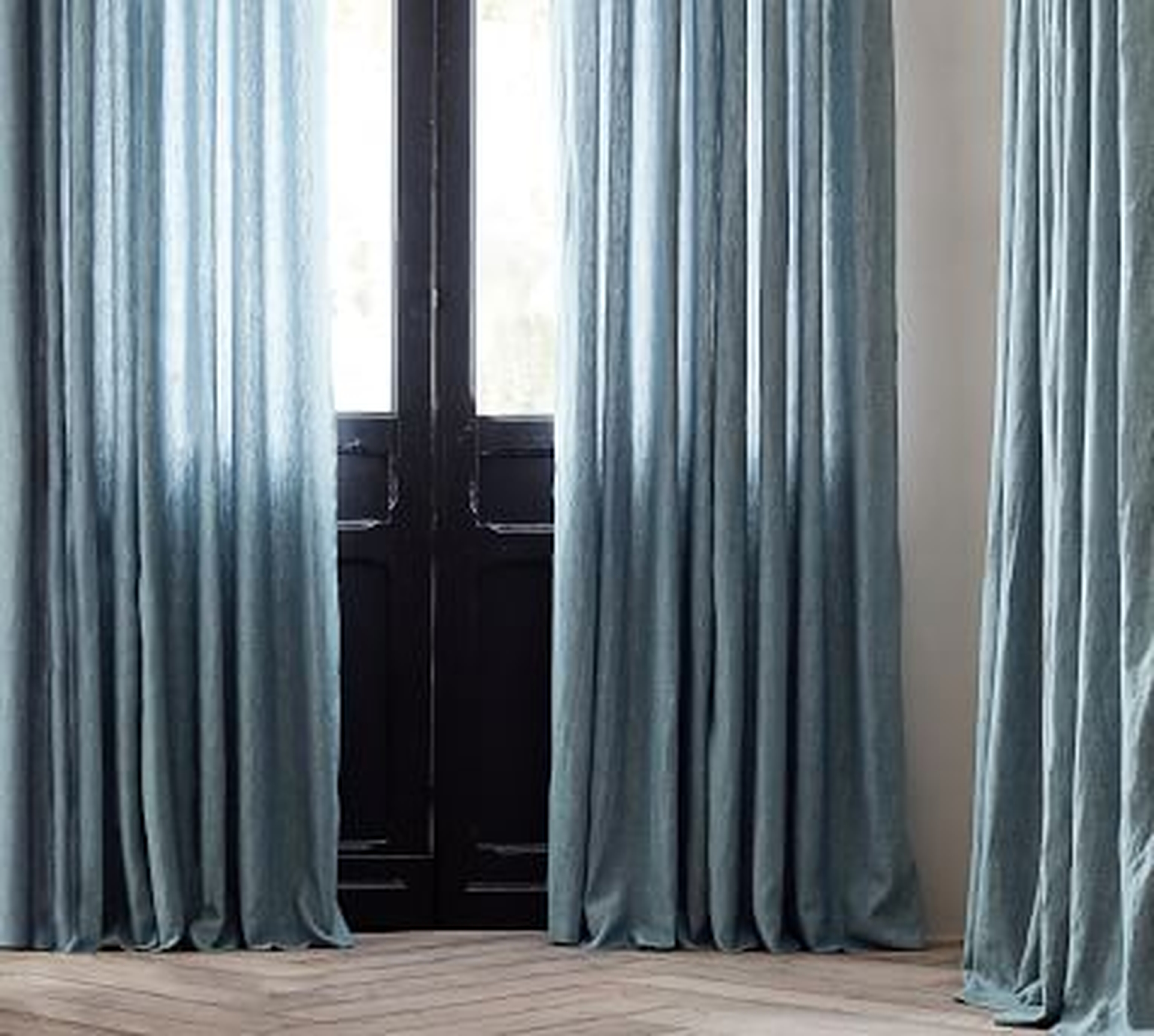 Custom Belgian Flax Linen Curtain, Blue Chambray, 84 x 120" - Pottery Barn