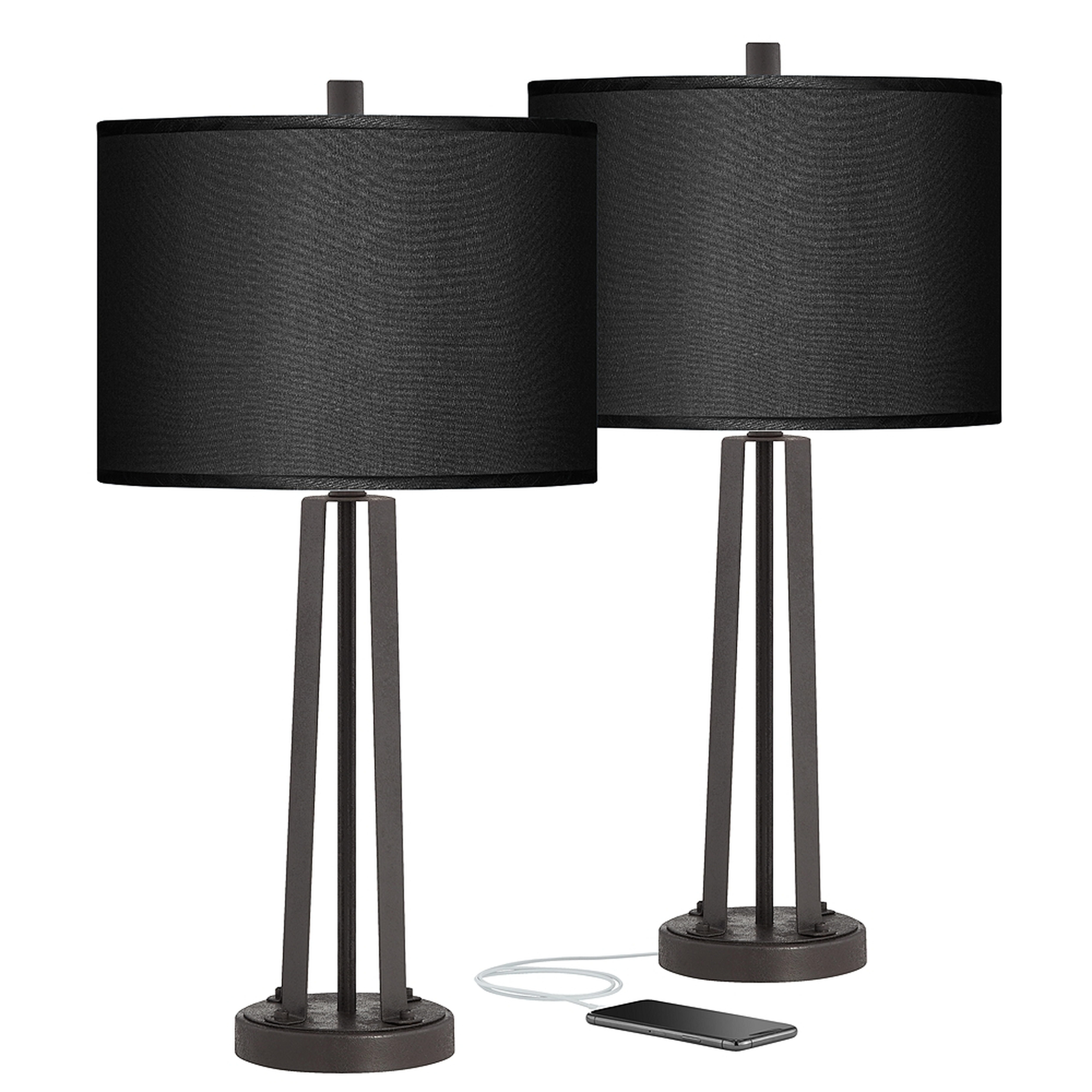 Susan Dark Bronze and Faux Black Silk USB Table Lamps Set of 2 - Style # 95W00 - Lamps Plus