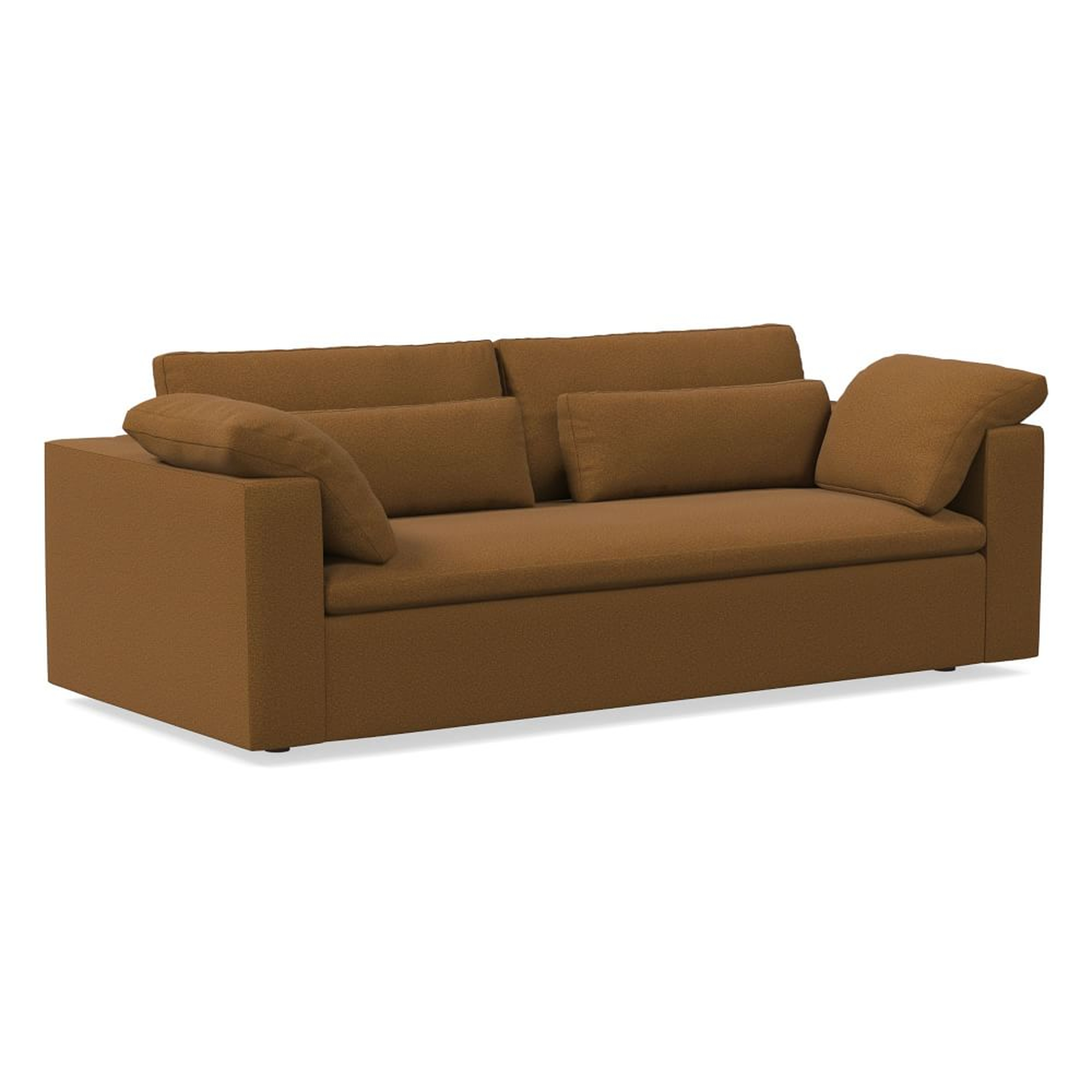 Harmony Modular 92" Bench Cushion Sofa, Standard Depth, Distressed Velvet, Golden Oak - West Elm