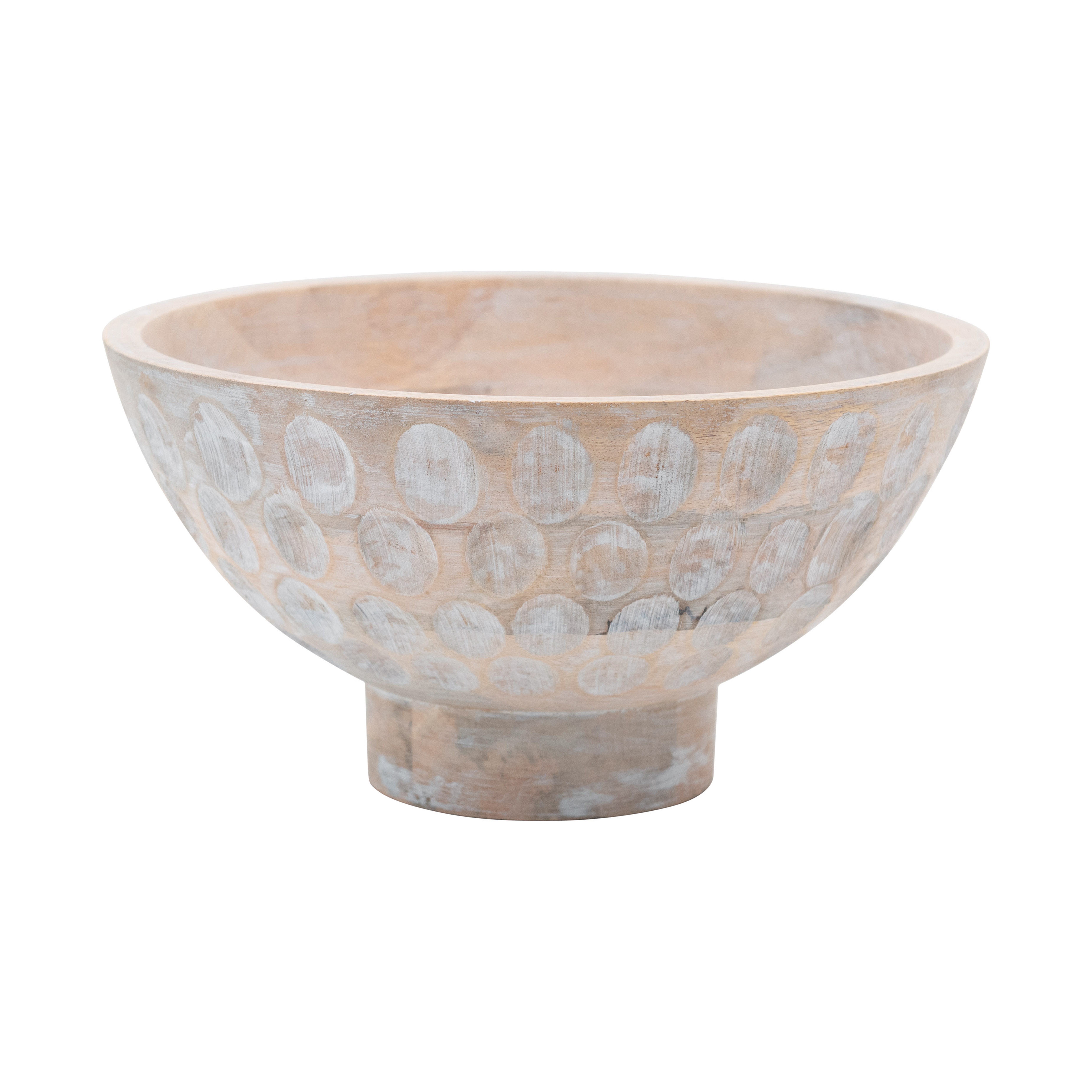 Mango Wood Footed Bowl with Carved Circle Accents and Whitewashed Finish - Nomad Home