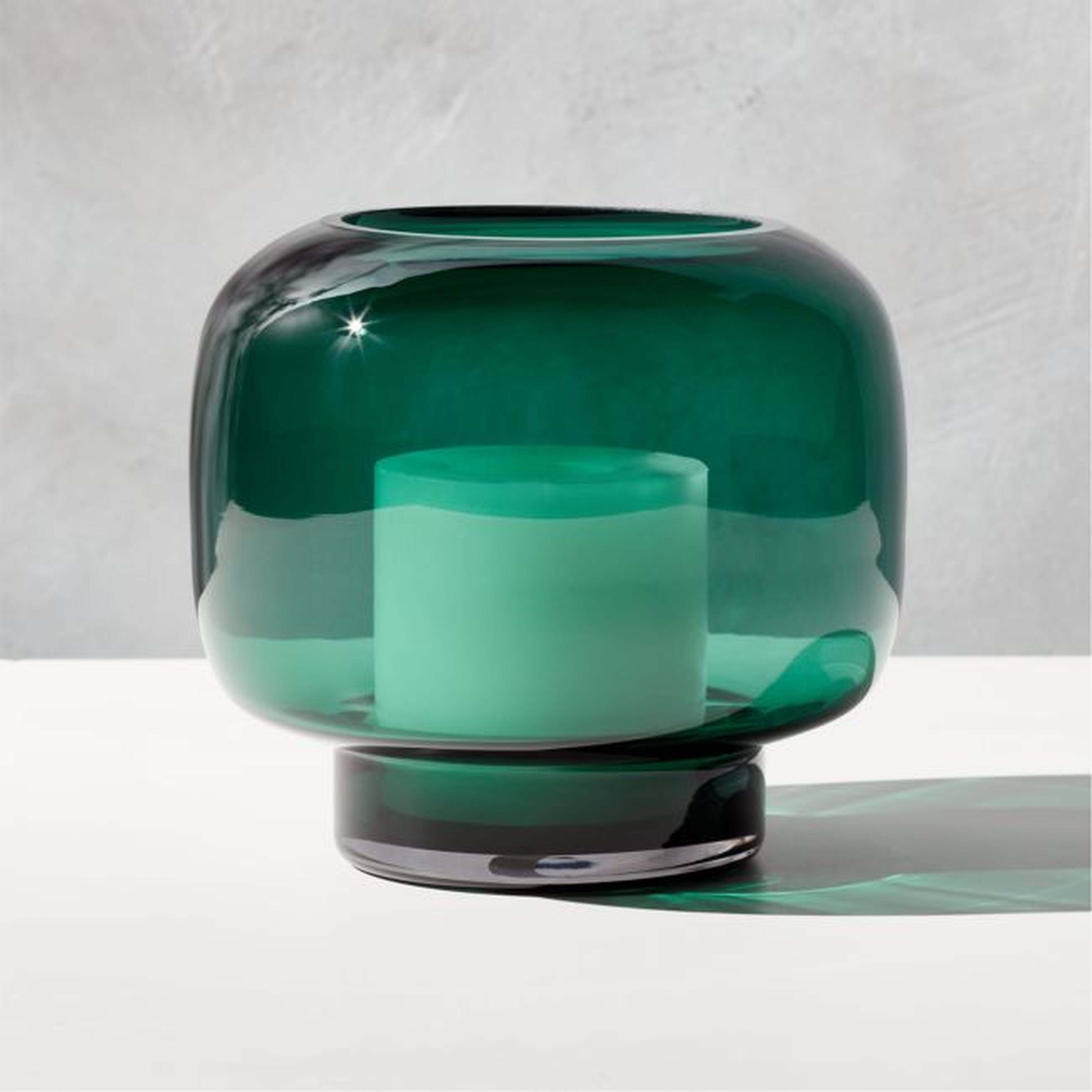 Coco Round Forest Green Glass Hurricane Candle Holder Small - CB2