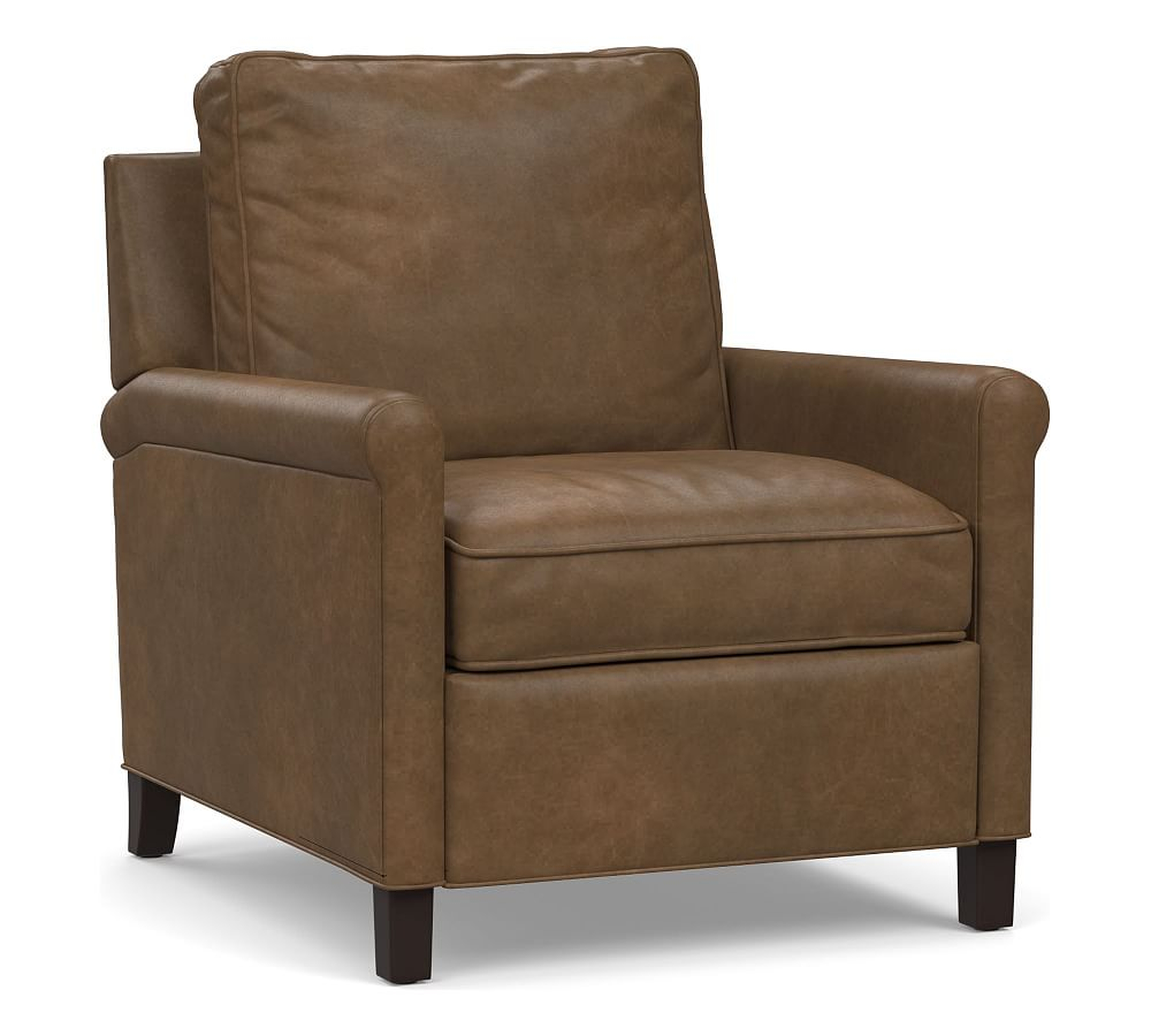 Tyler Roll Arm Leather Recliner without Nailheads, Down Blend Wrapped Cushions, Churchfield Chocolate - Pottery Barn