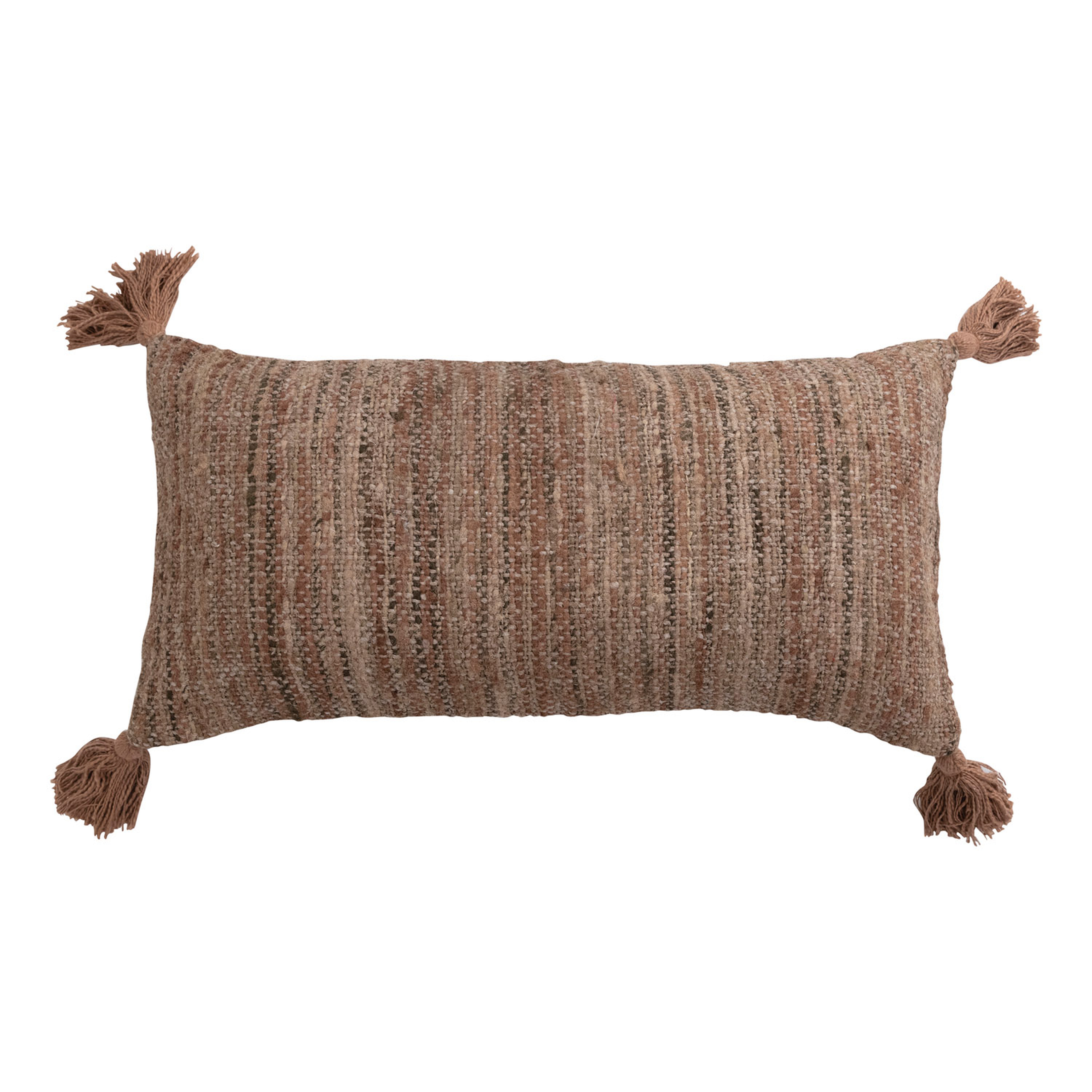 Woven Cotton Striped Lumbar Pillow with Chambray Back and Tassels - Bloomingville