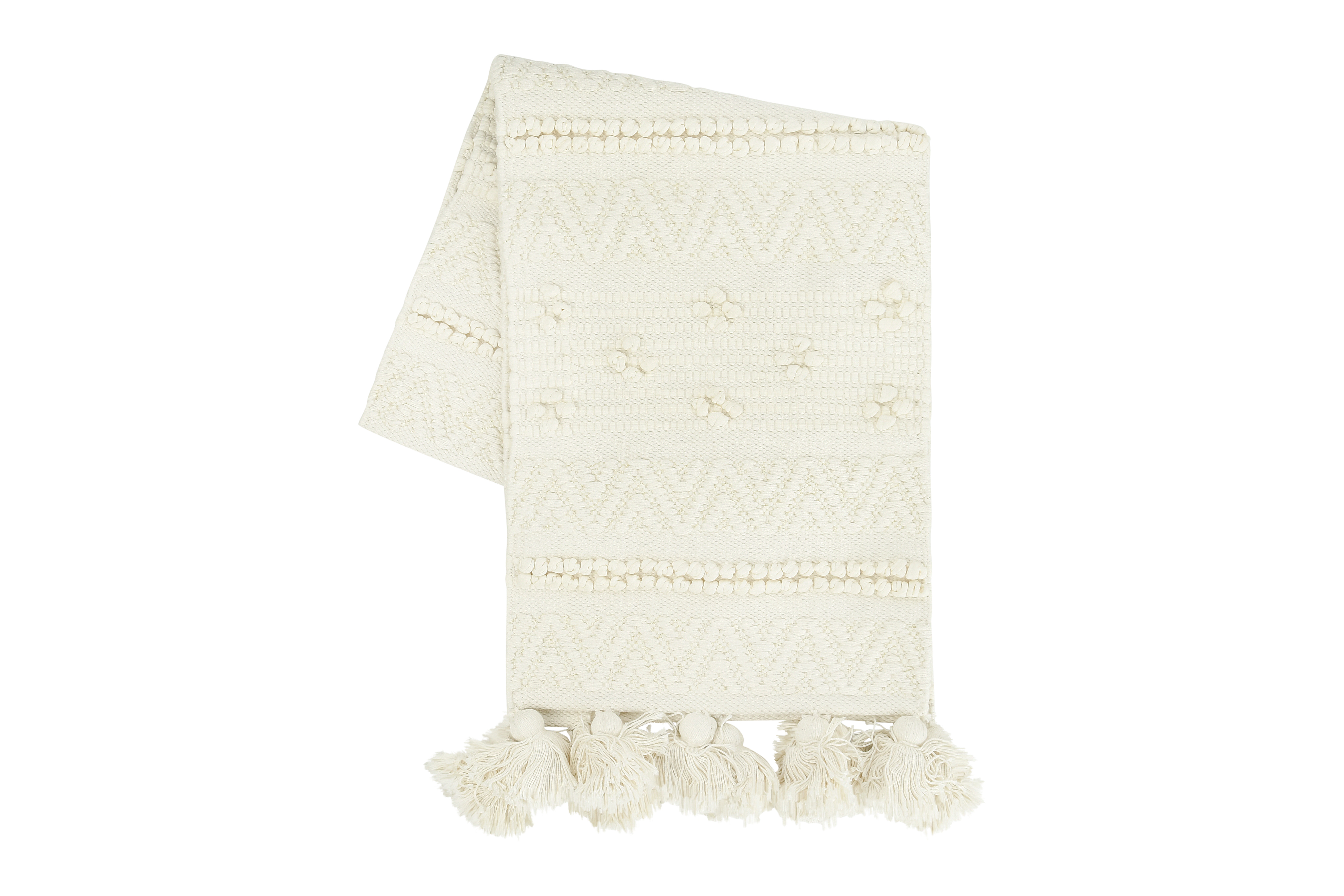 72" Woven Cotton Textured Table Runner with Pom Poms & Tassels - Nomad Home
