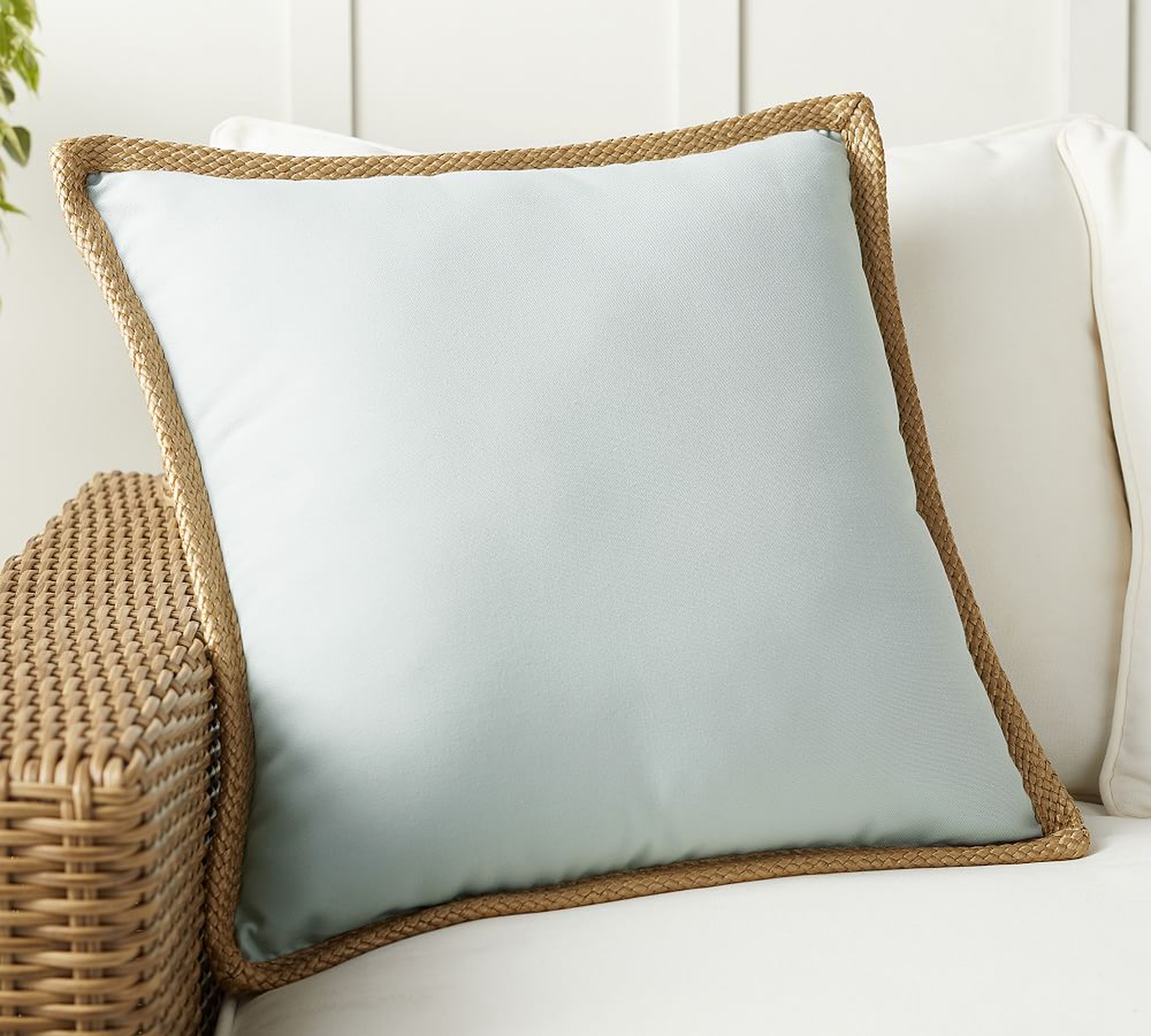 Faux Natural Fiber Trim Outdoor Pillow, 20", Chambray - Pottery Barn