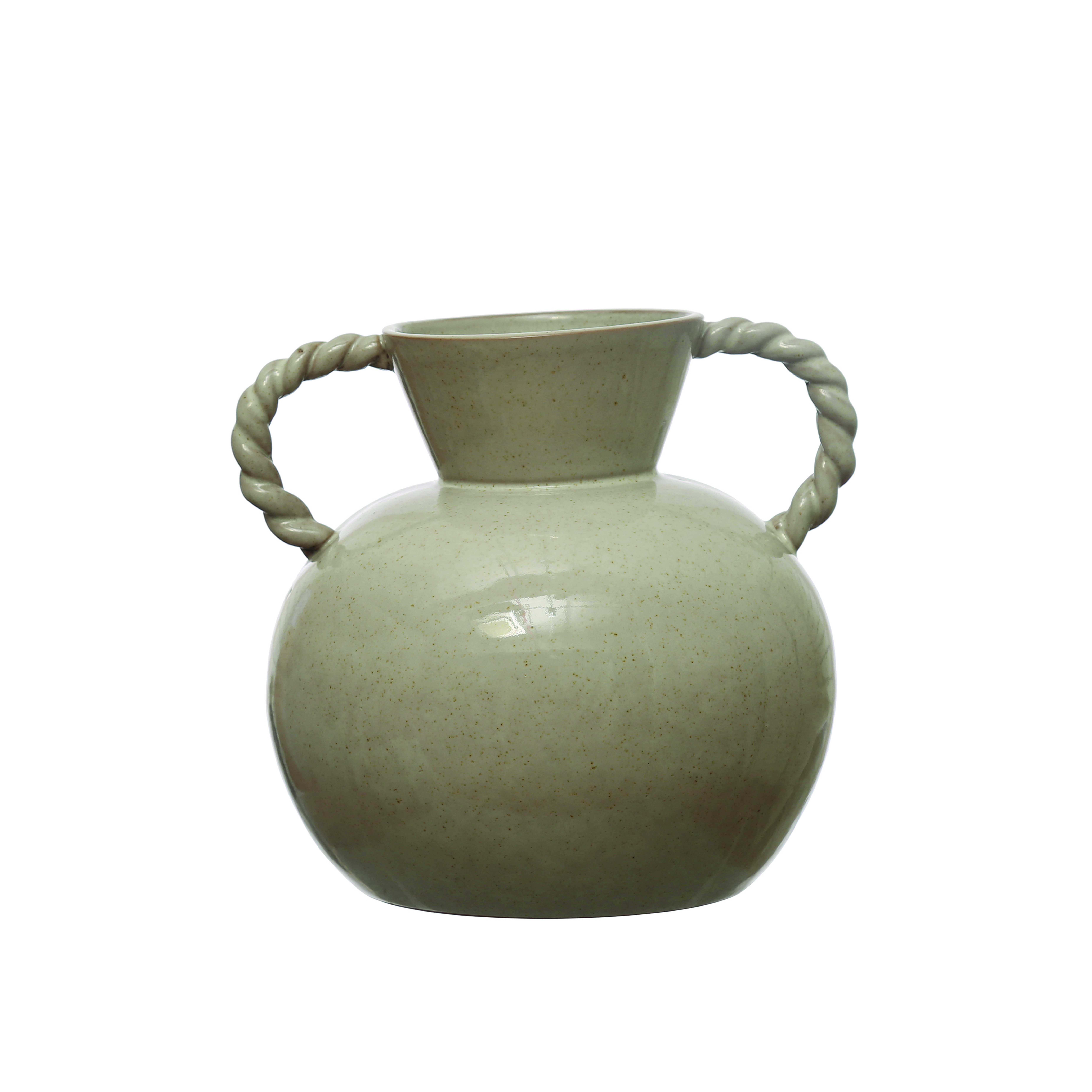 9.25 Inches Stoneware Vase with Twisted Handles and Reactive Glaze, Cream Color - Bloomingville