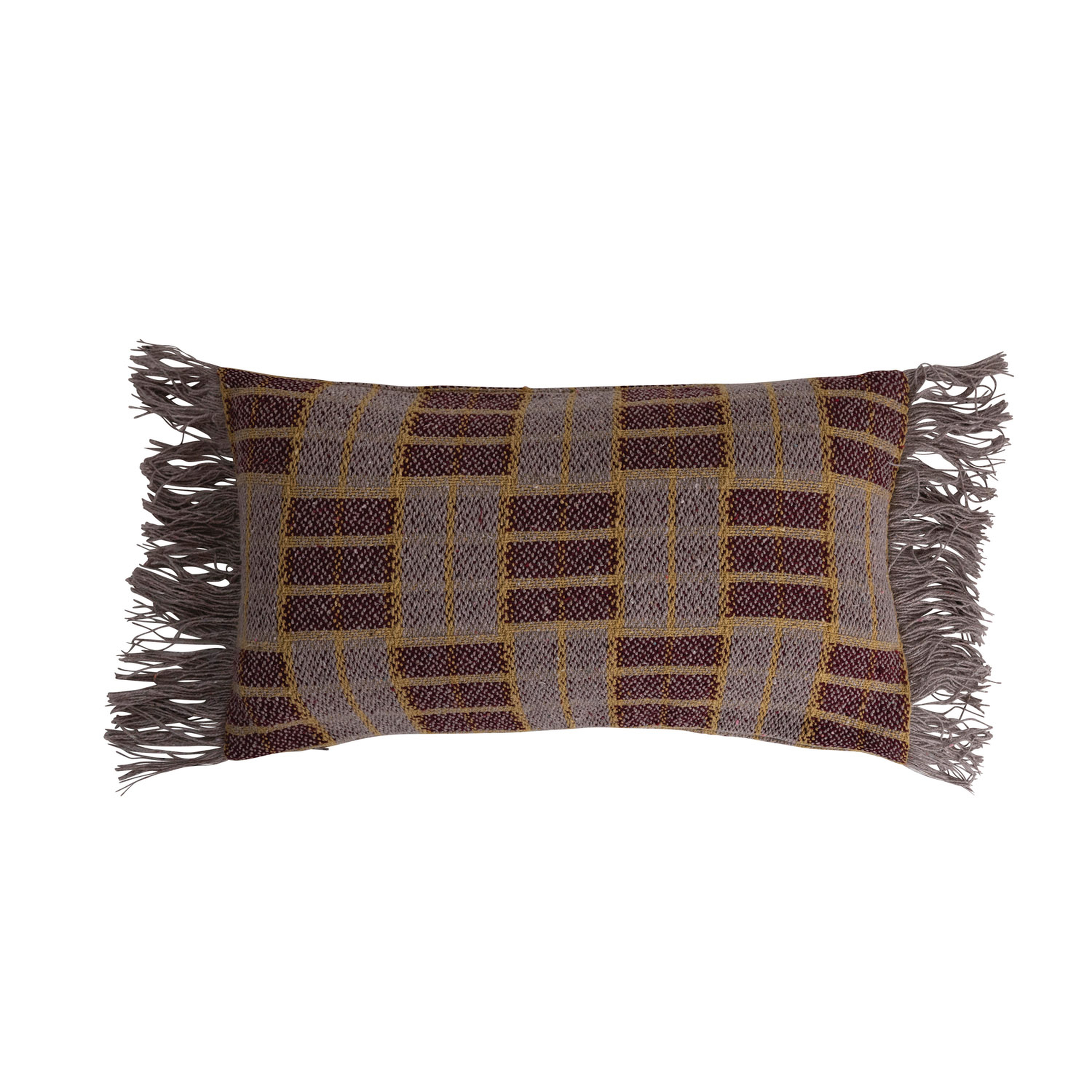 Woven Recycled Cotton Blend Lumbar Pillow with Fringe - Bloomingville