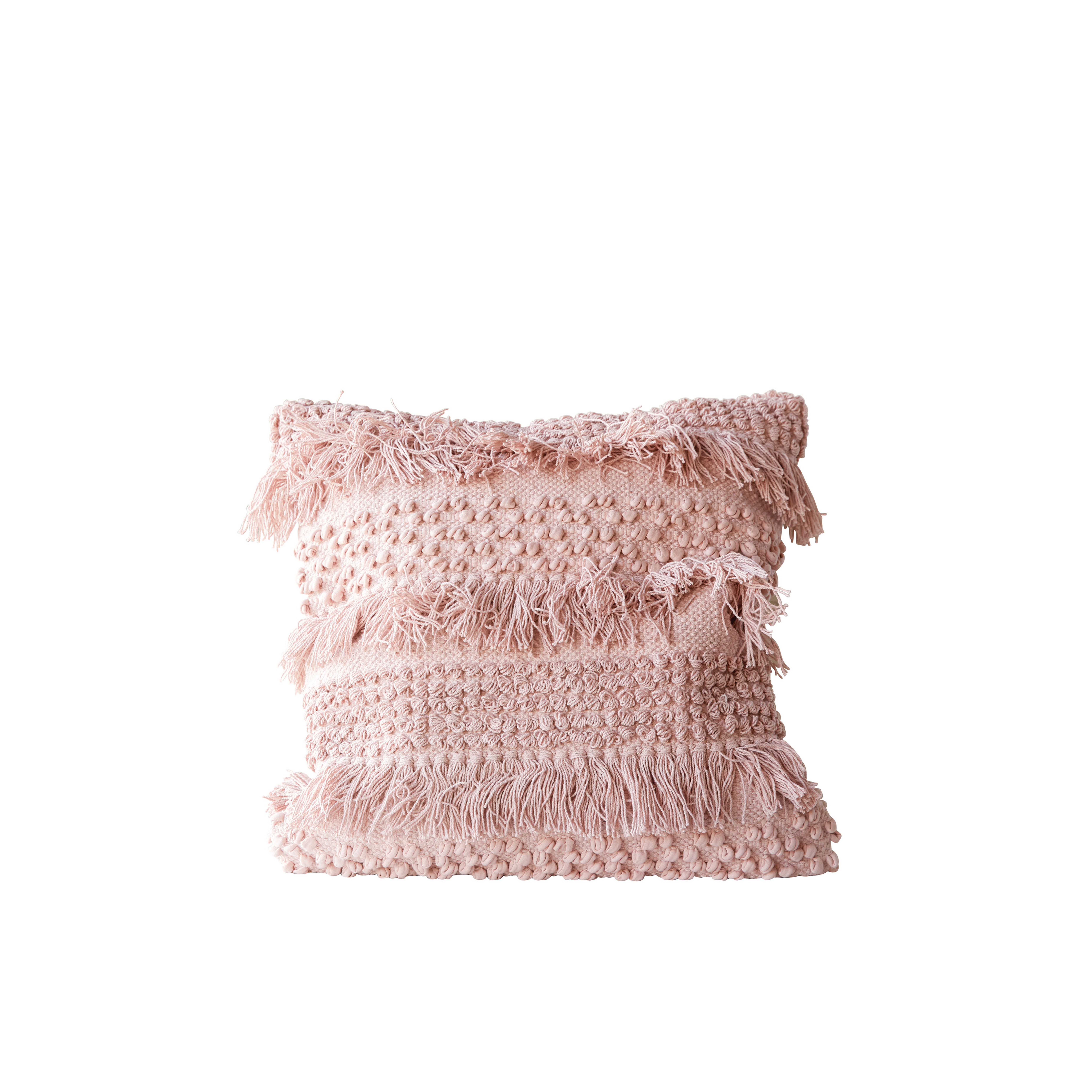 Square Pink Pillow with Fringe and Multiple Designs with Varied Textures - Nomad Home