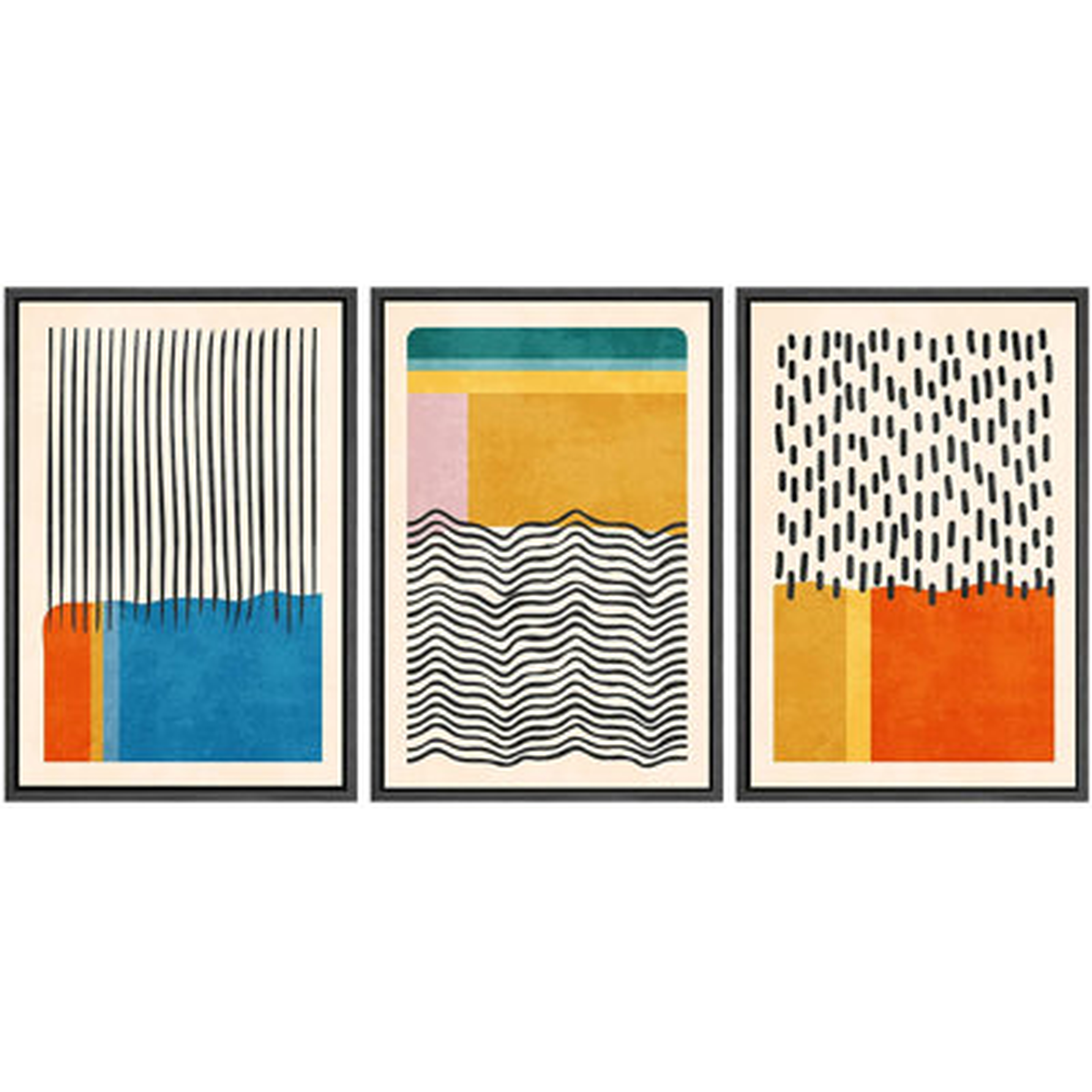 Mid-Century Vibrant Color Block Collage Abstract Geometric - 3 Piece Floater Frame Graphic Art Set on Canvas - Wayfair