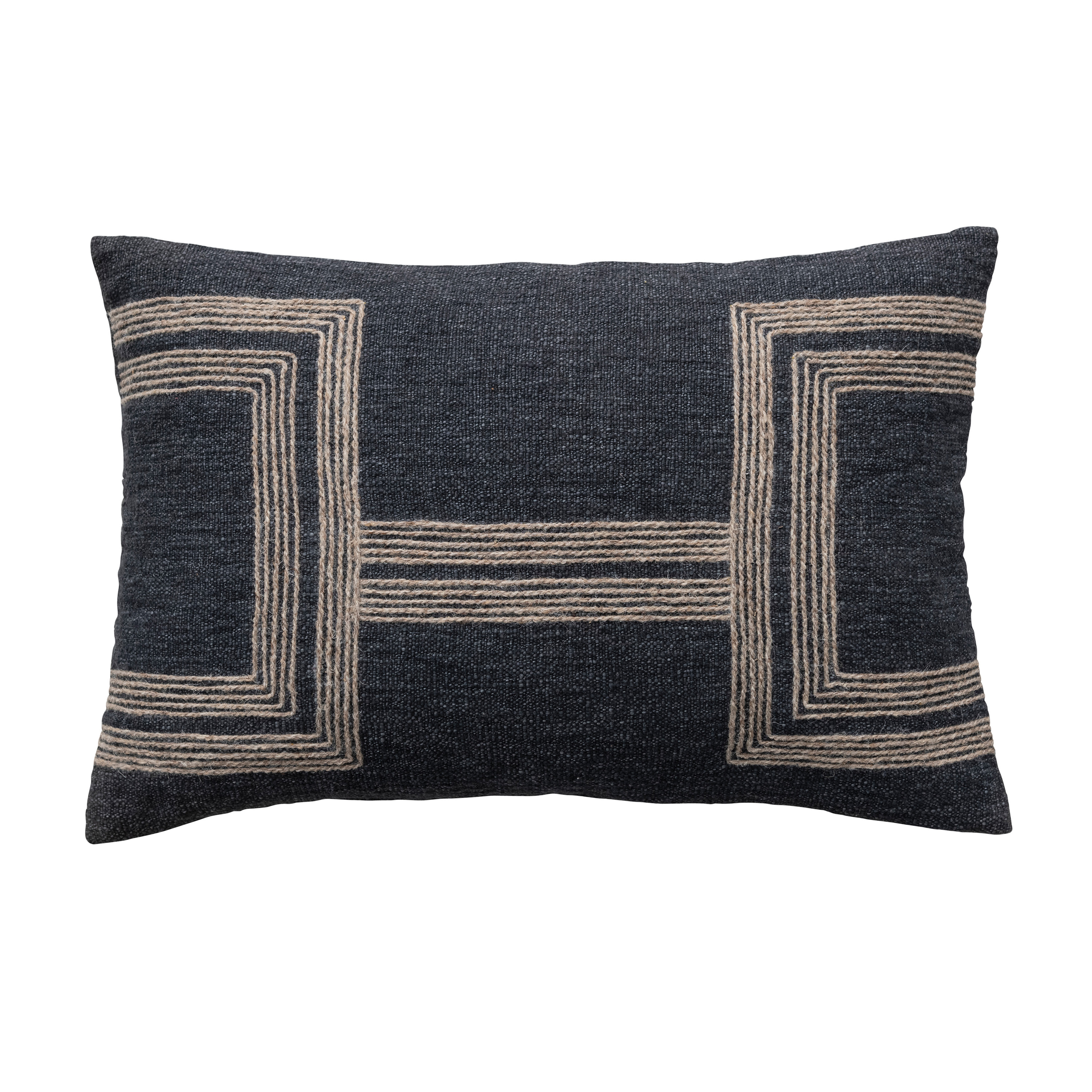 24 Inches Cotton Blend Lumbar Pillow with Jute Embroidery, Charcoal and Natural - Creative Co-Op