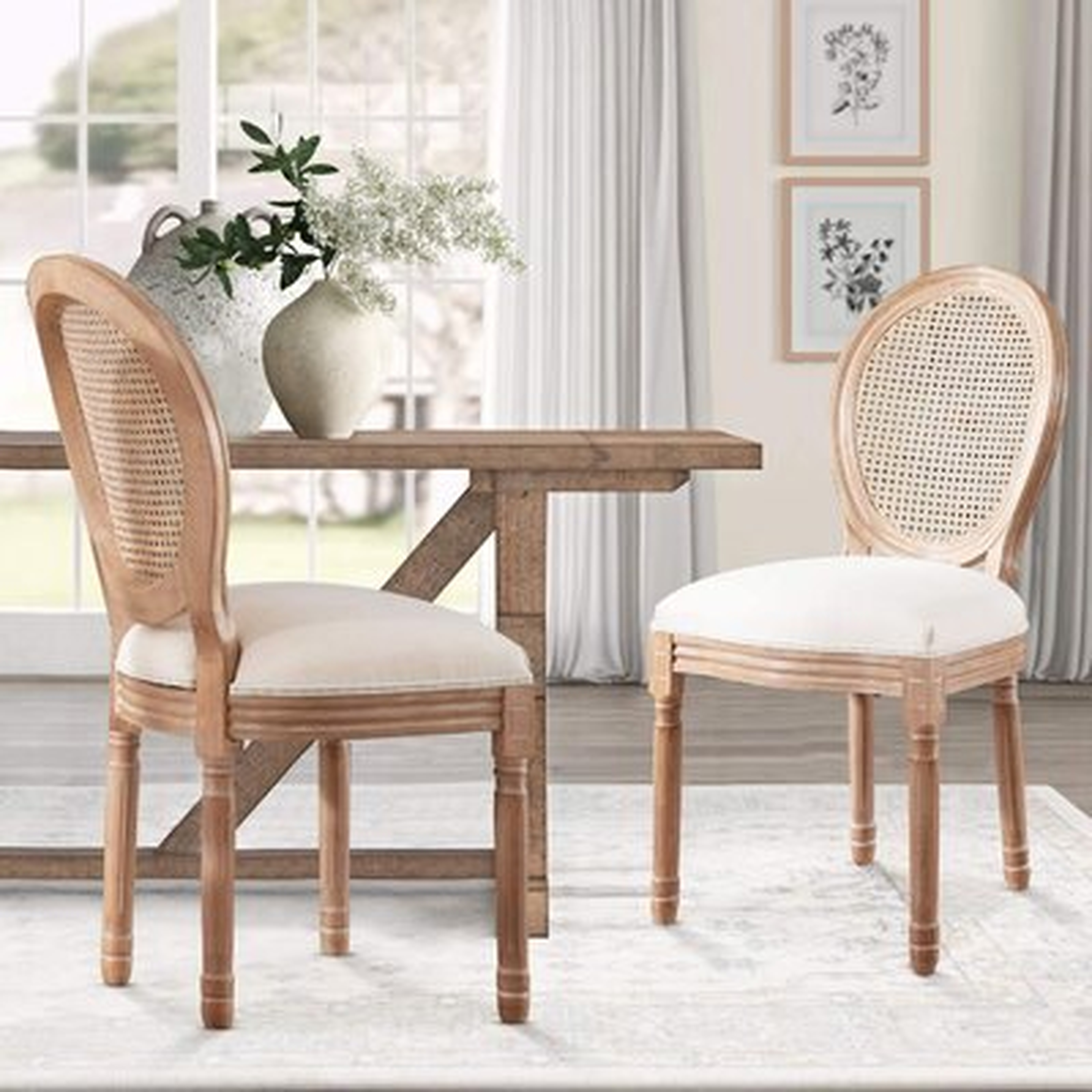 French Retro Dining Chair Set, Upholstered Accent Makeup Chair, Mid Century Fabric Side Chairs, Farmhouse Distressed Wood Chairs With Cane Mesh Round Back For Bedroom, Dining Room, Living Room, Kitchen, Set Of 2 - Wayfair
