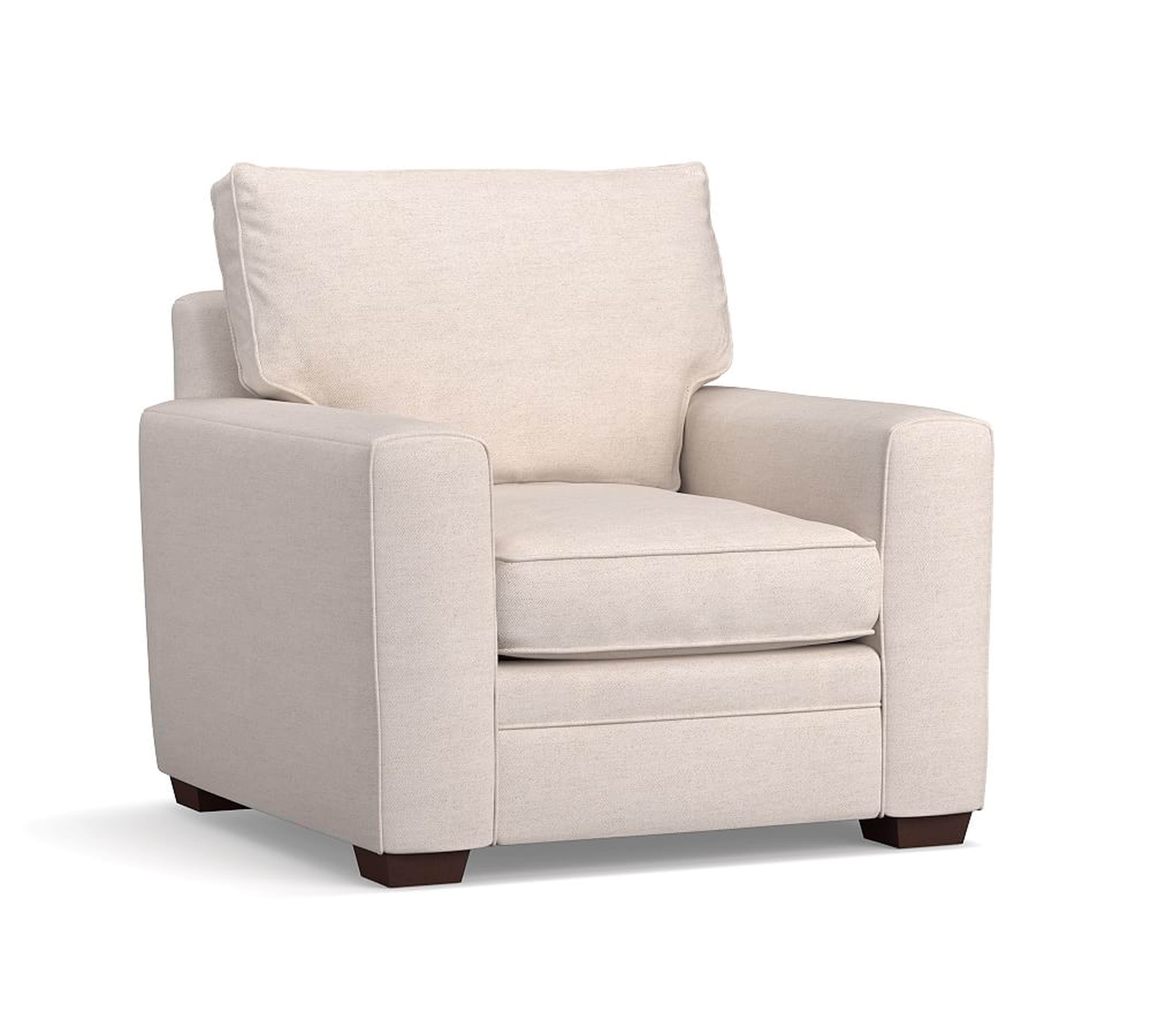 Pearce Square Arm Upholstered Armchair, Down Blend Wrapped Cushions, Performance Heathered Basketweave Dove - Pottery Barn