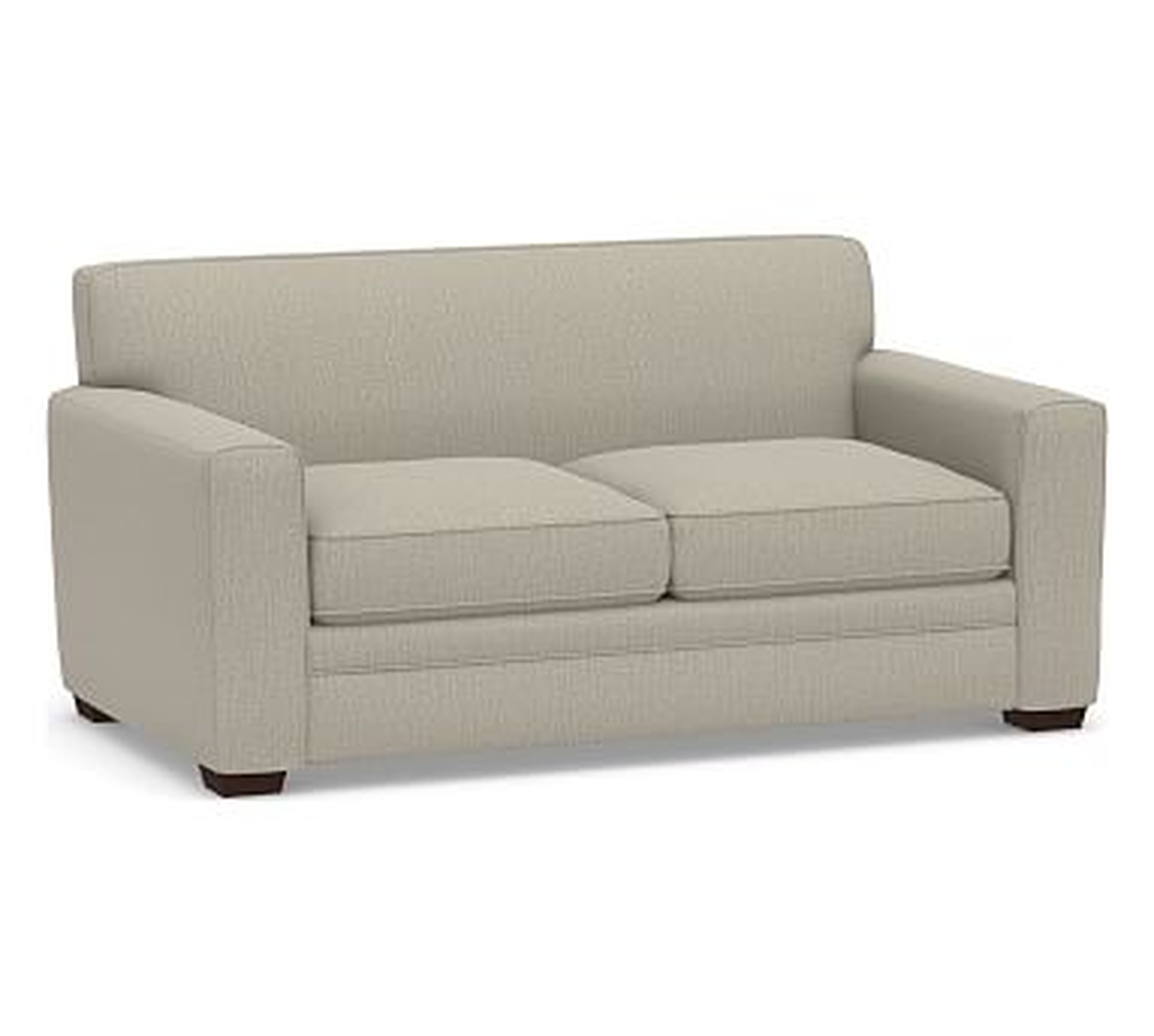 Pearce Square Arm Upholstered Loveseat 66", Down Blend Wrapped Cushions, Chenille Basketweave Pebble - Pottery Barn