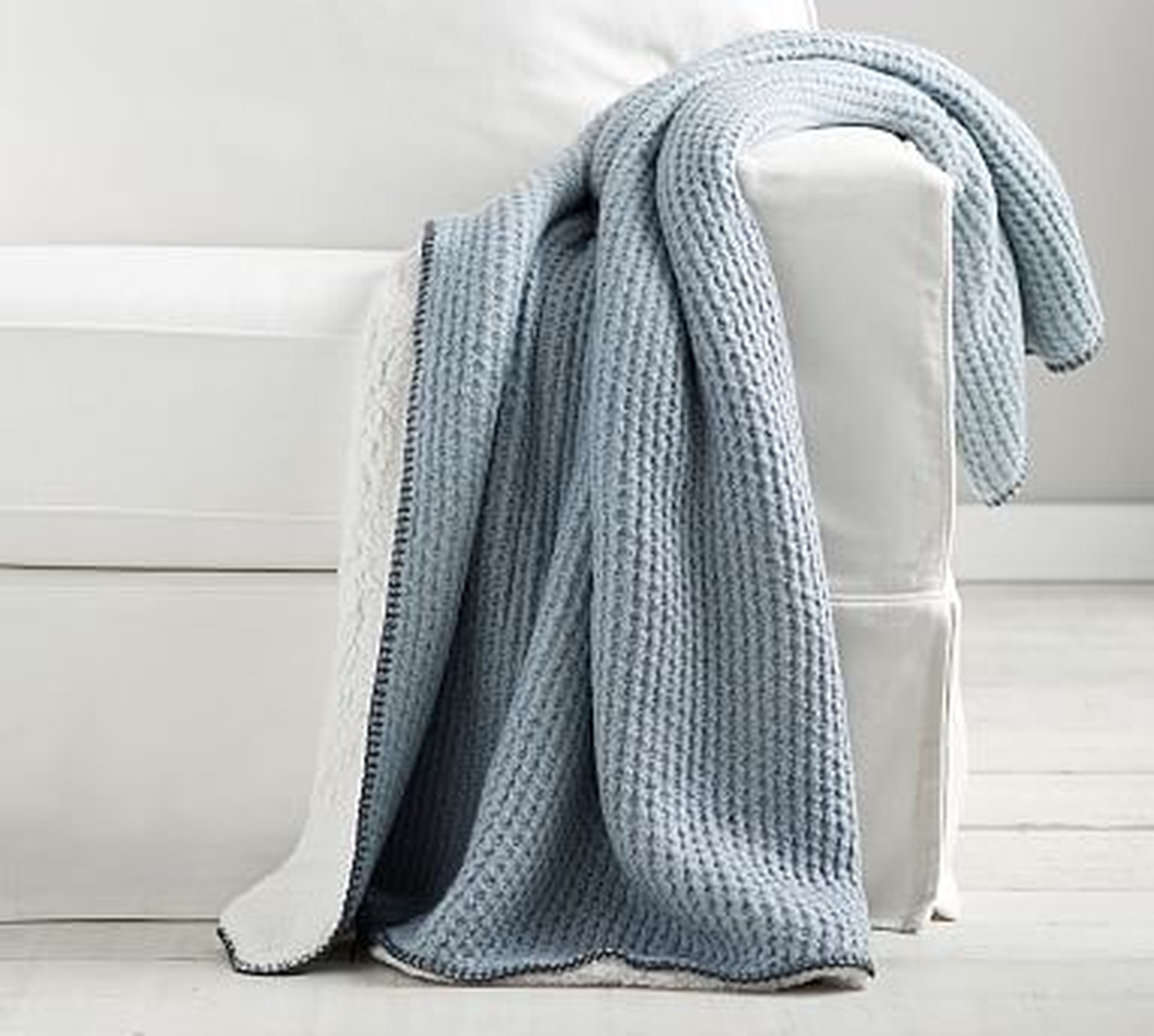 Thermal Knit Sherpa Back Throw, 50 x 60", Heathered Chambray - Pottery Barn