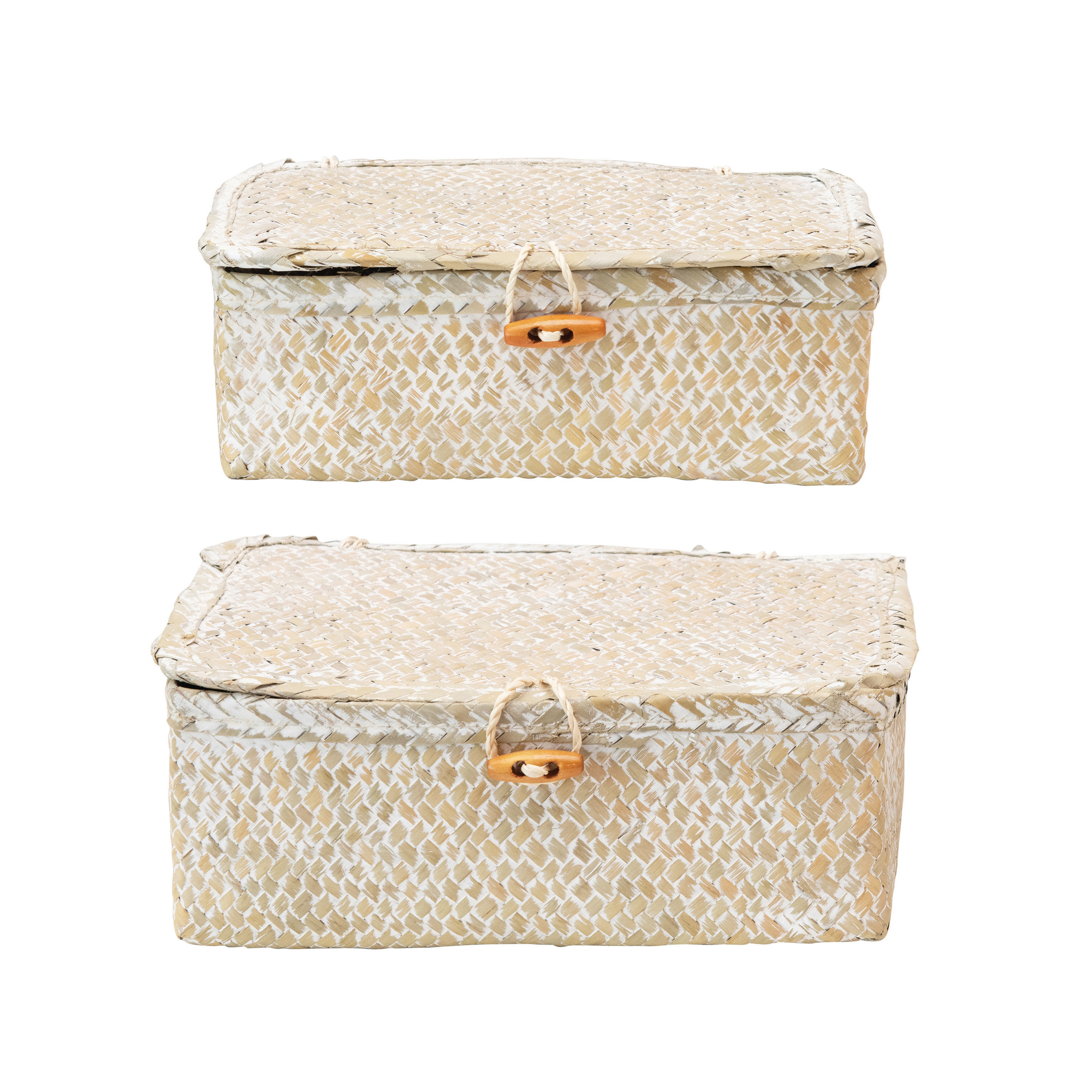 Hand-Woven Seagrass Boxes with Lids & Toggle Closure, Whitewashed, Set of 2 - Nomad Home