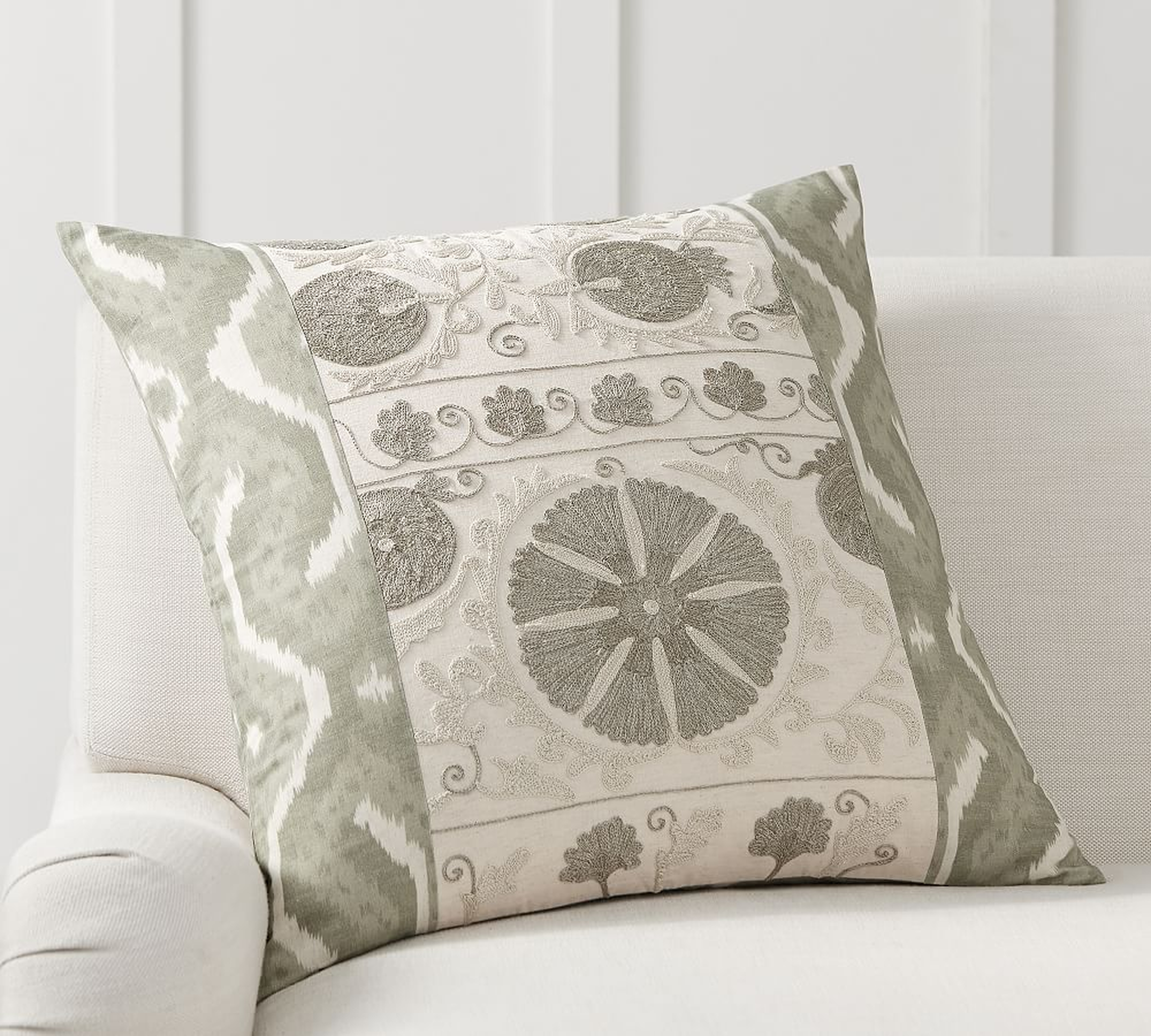 Carmine Embroidered Pillow Cover, 24" x 24", Sage - Pottery Barn