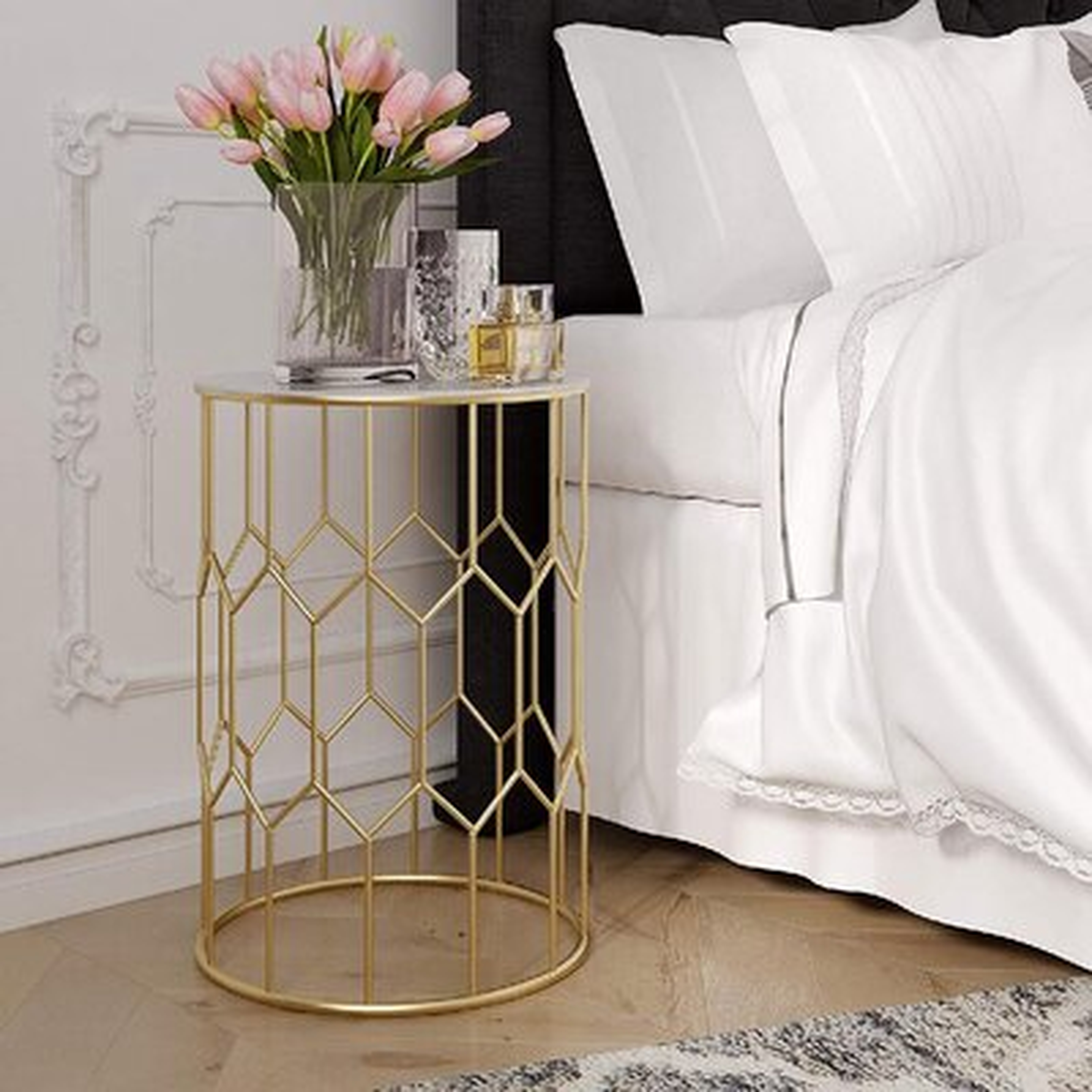 Glass And Metal Side Table, Gold Geometric Ative Drum Small Accent For Living Room, 15.75" Wide Tabletop - Wayfair