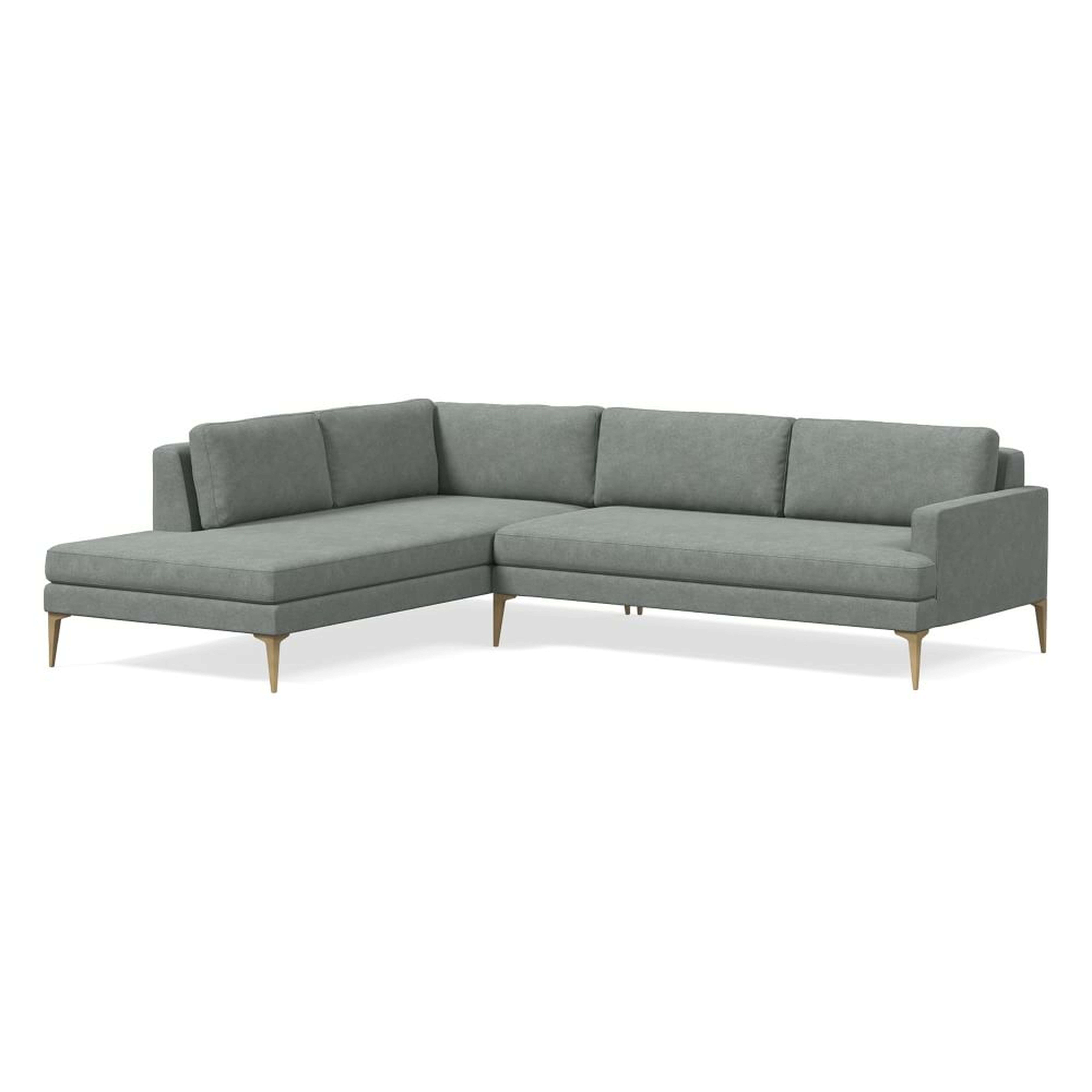 Andes 105" Left Multi Seat 2-Piece Bumper Chaise Sectional, Standard Depth, Distressed Velvet, Mineral Gray, BB - West Elm