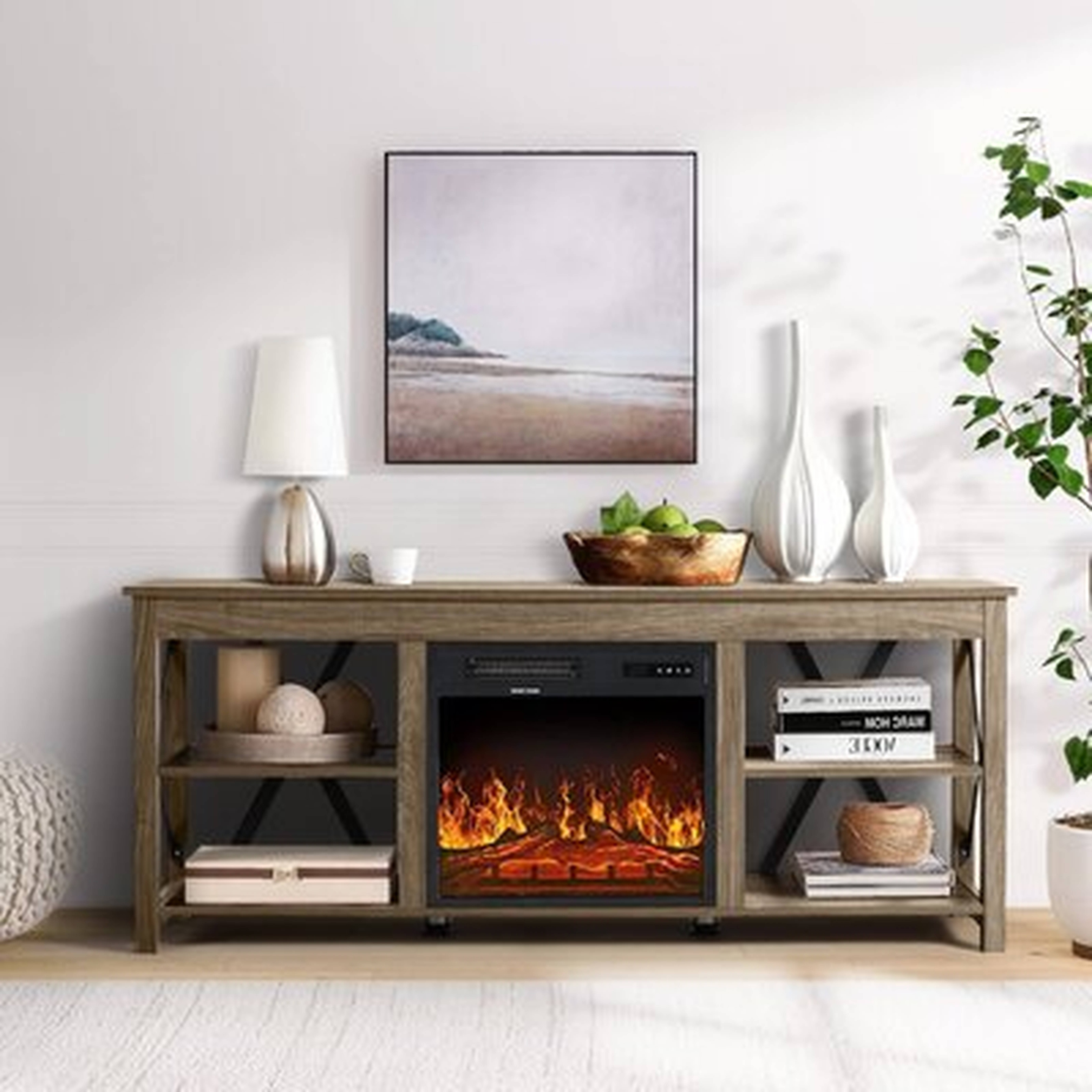 Industrial Farmhouse Electric Fireplace Tv Stand, Wood Tv Console For Tvs Up To 65 Inch Media Entertainment Center For Living Room, Walnut Brown - Wayfair