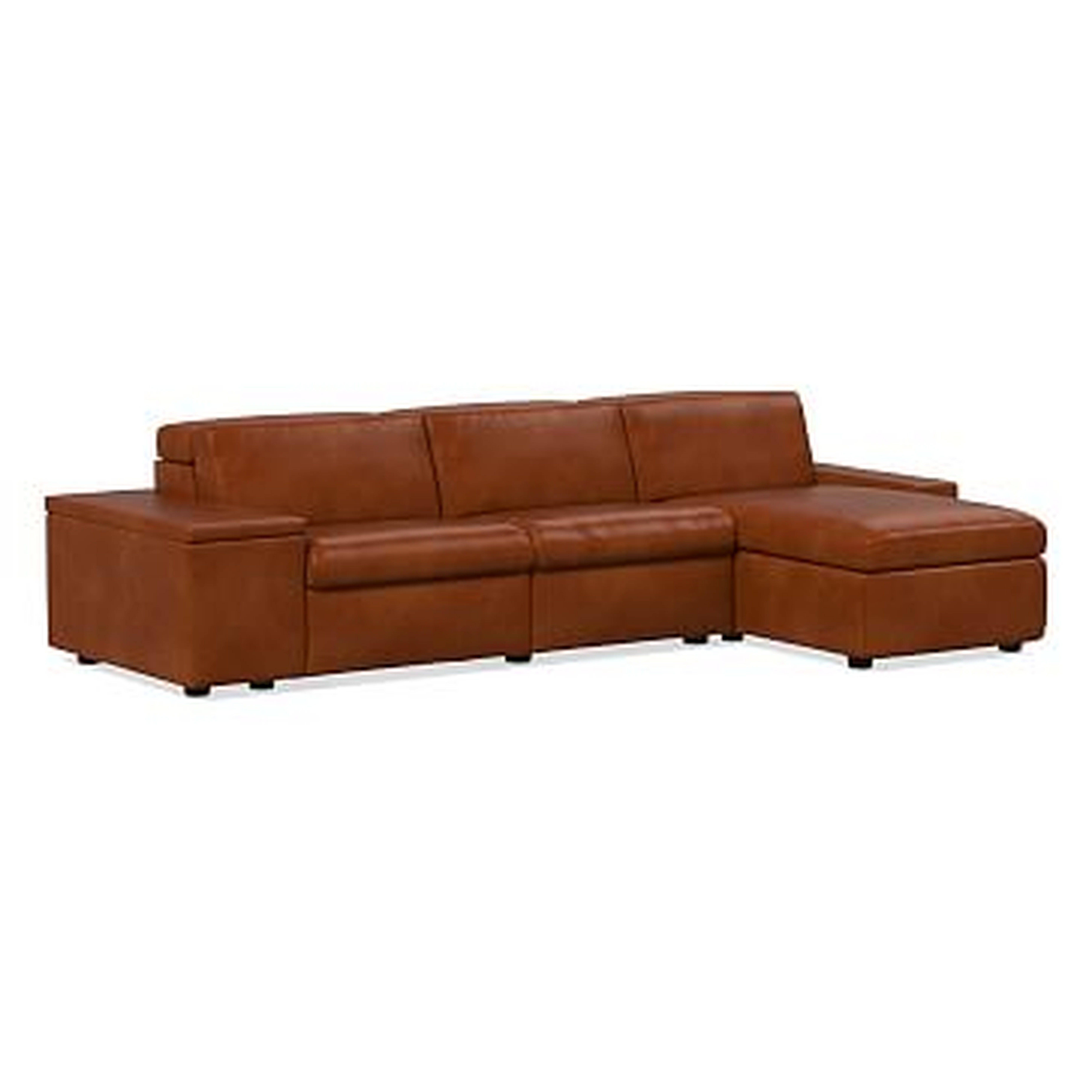 Enzo Sectional Set 35: 16" Arm WithStorage + 30" Single With Power + 30" Single Without Power + 8" Arm + Storage Chaise, Poly, Saddle Leather, Nut, Concealed Supports - West Elm