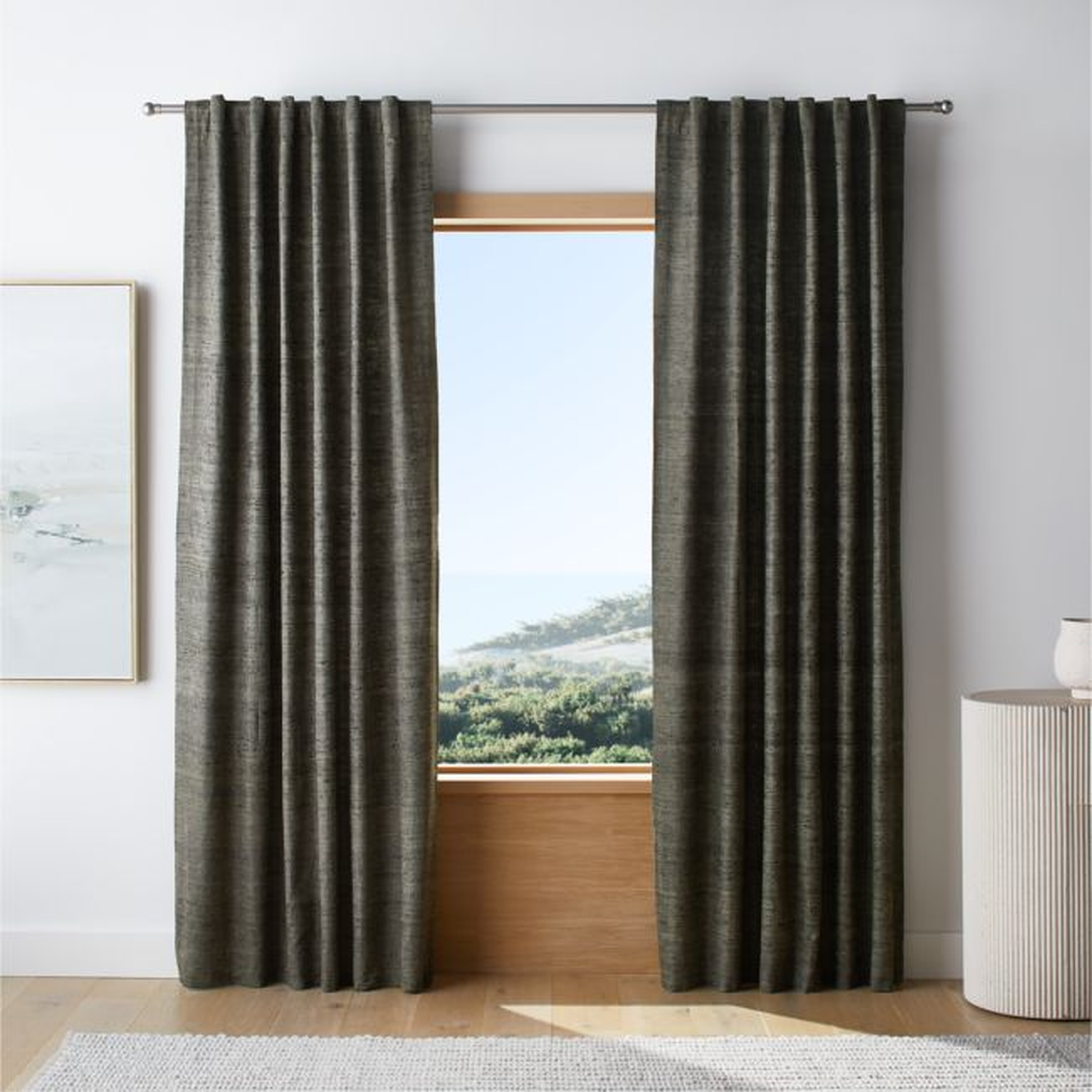 Trevino Burnt Green Cotton Silk Blend Window Curtain Panel 52"x84" - Crate and Barrel