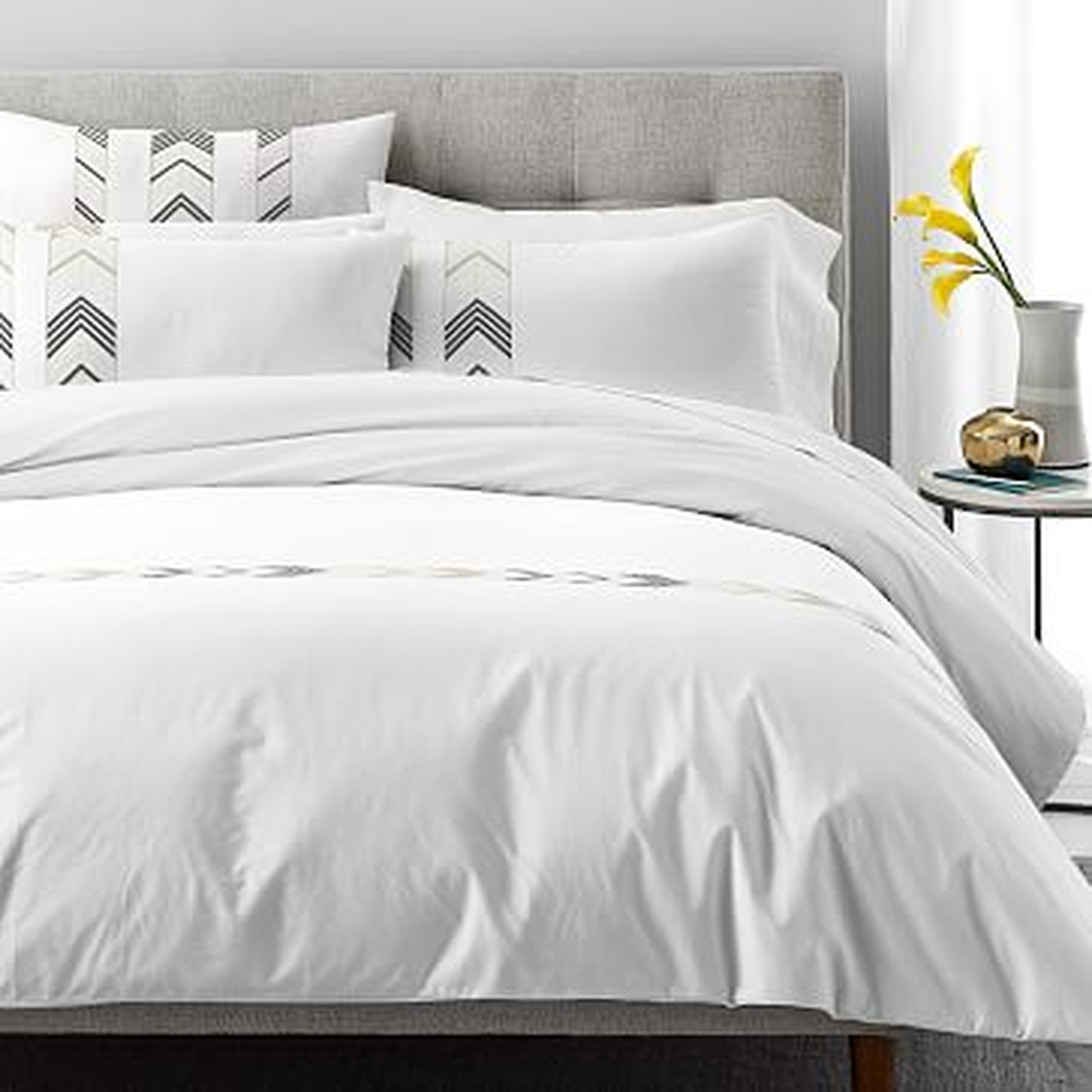 Percale Chasing Arrows Embroidery Duvet, Full/Queen, Stone White + Belgian Flax + Iron Gate - West Elm