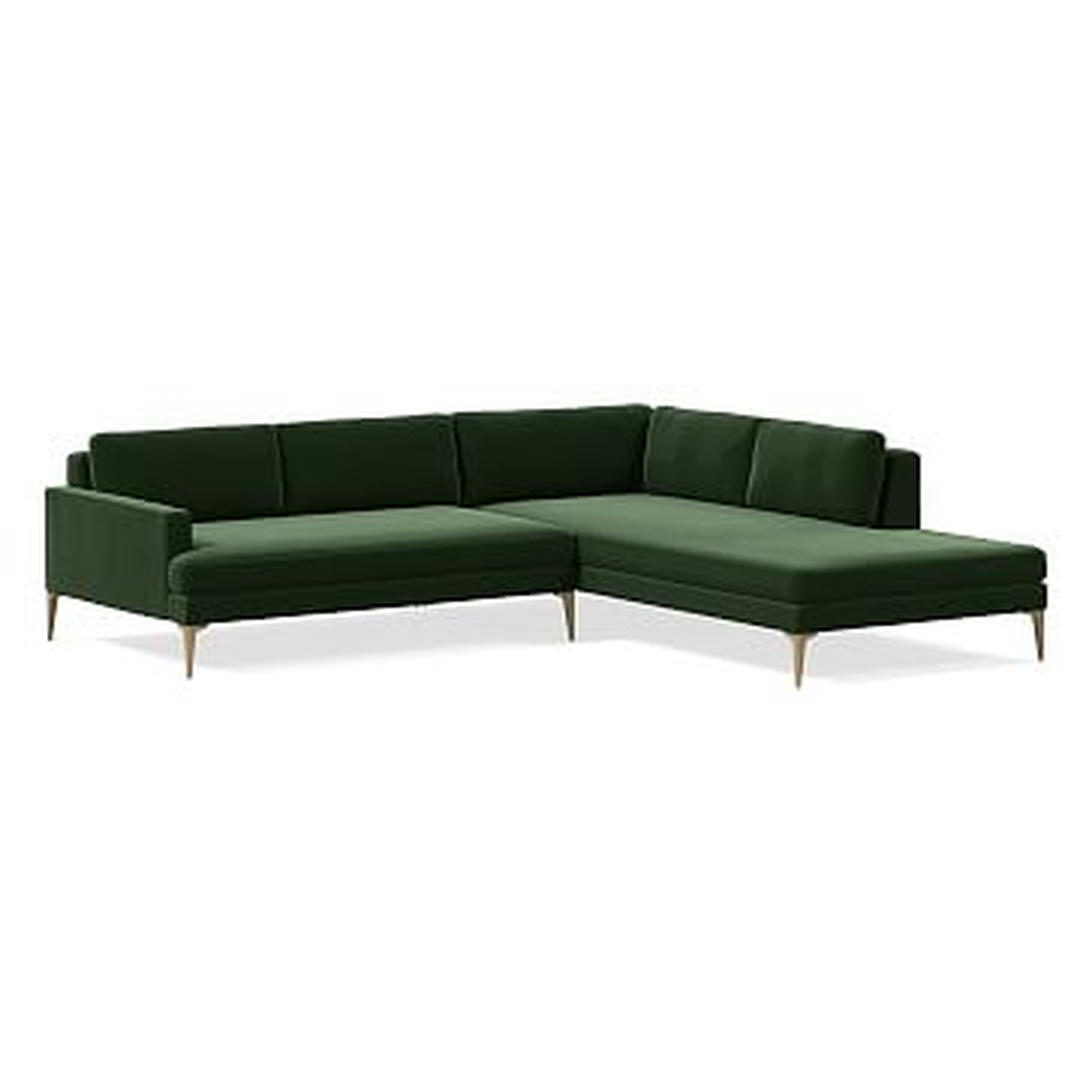 Andes Sectional Set 33: XL Left Arm 2.5 Seater Sofa, XL Right Arm Terminal Chaise, Performance Velvet, Moss, Blackened Brass - West Elm