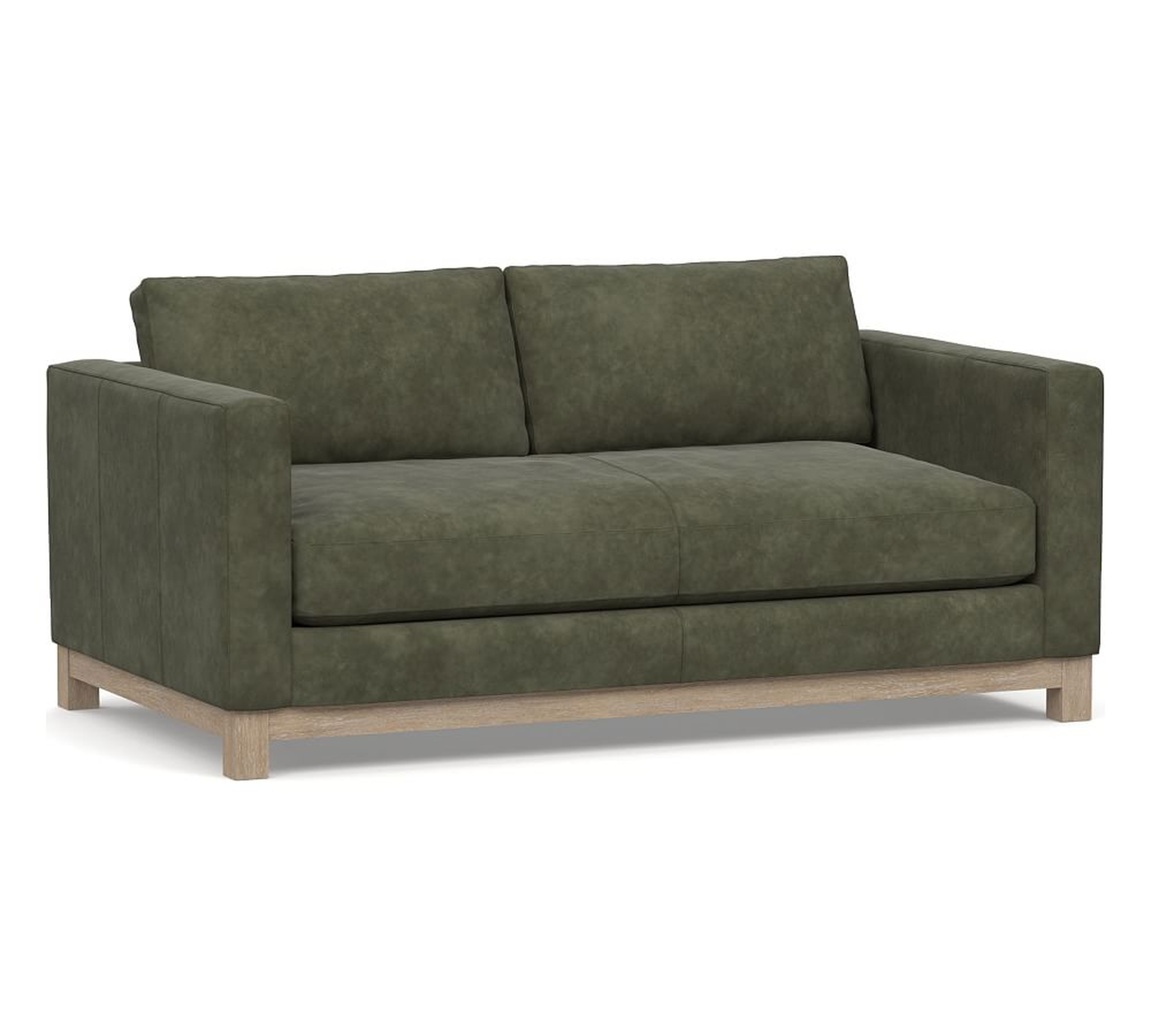 Jake Leather Loveseat 70" with Wood Legs, Down Blend Wrapped Cushions Nubuck Loden Green - Pottery Barn
