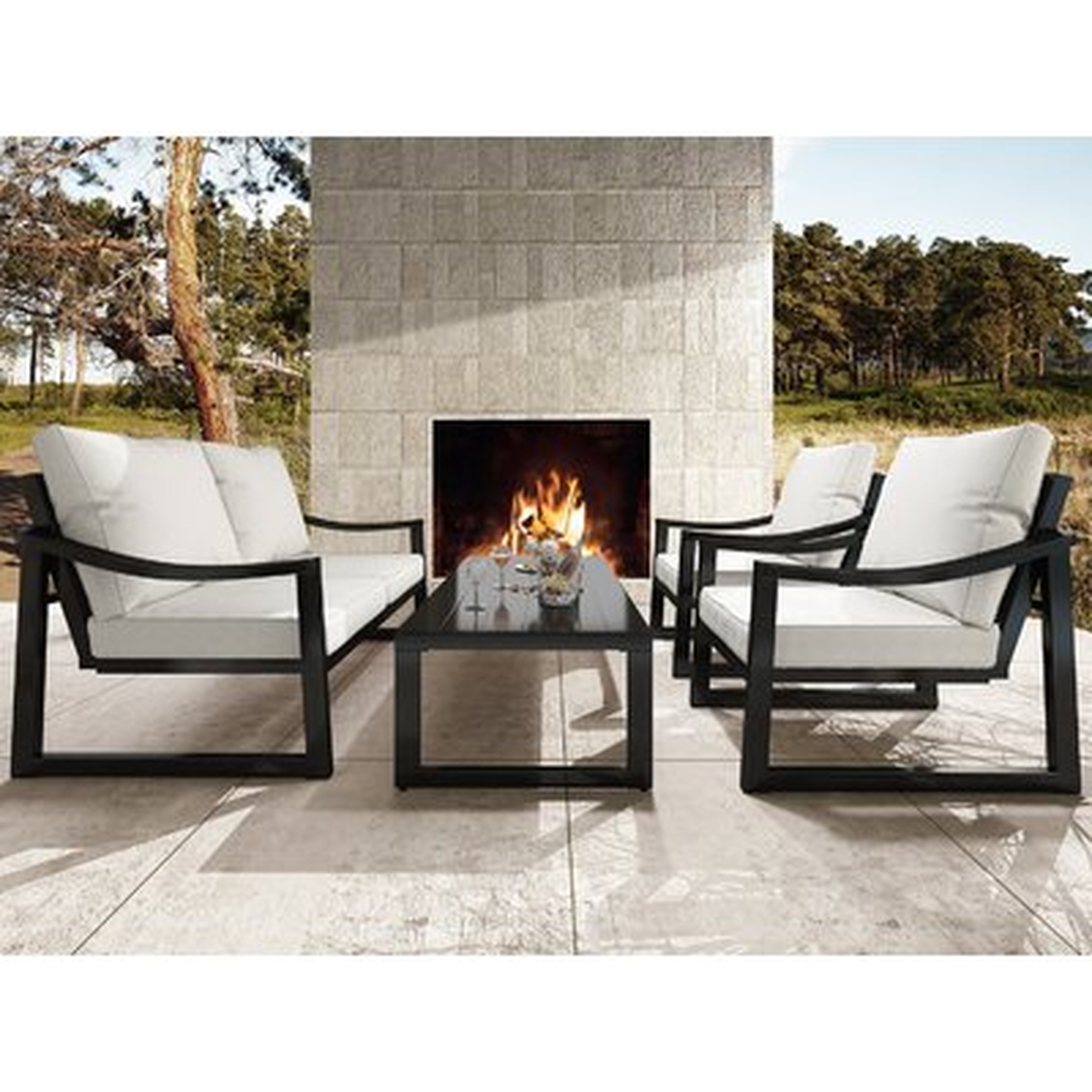4 Pieces Patio Furniture Set Outdoors Sofas, Modern Metal Loveseat And Chair With Beige Cushions, Tea Table For Poolside, Backyard, Balcony, Garden, Black - Wayfair