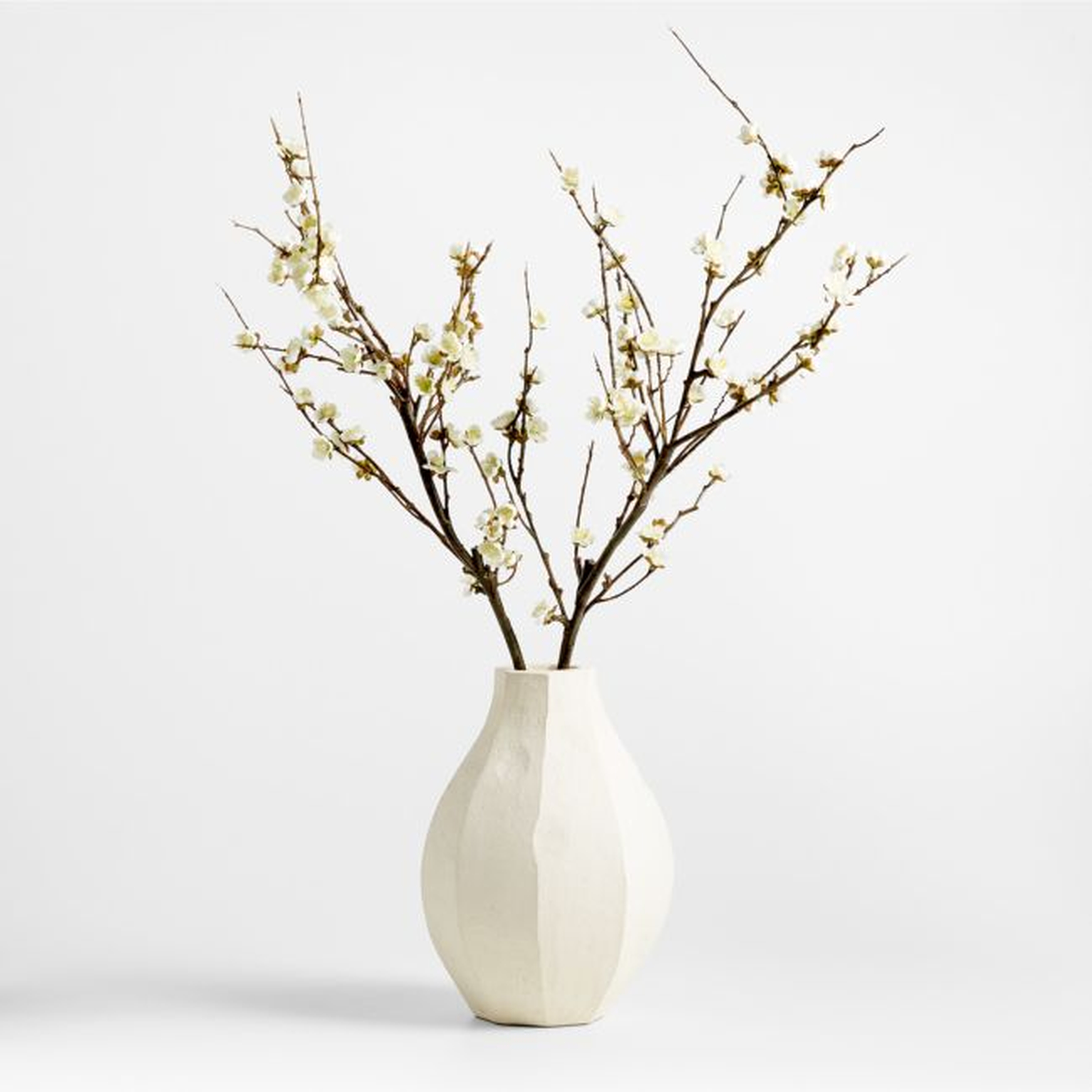 Faux White Cherry Blossom Stem Arrangement in Facette Grande White Vase 11.5" by Athena Calderone - Crate and Barrel