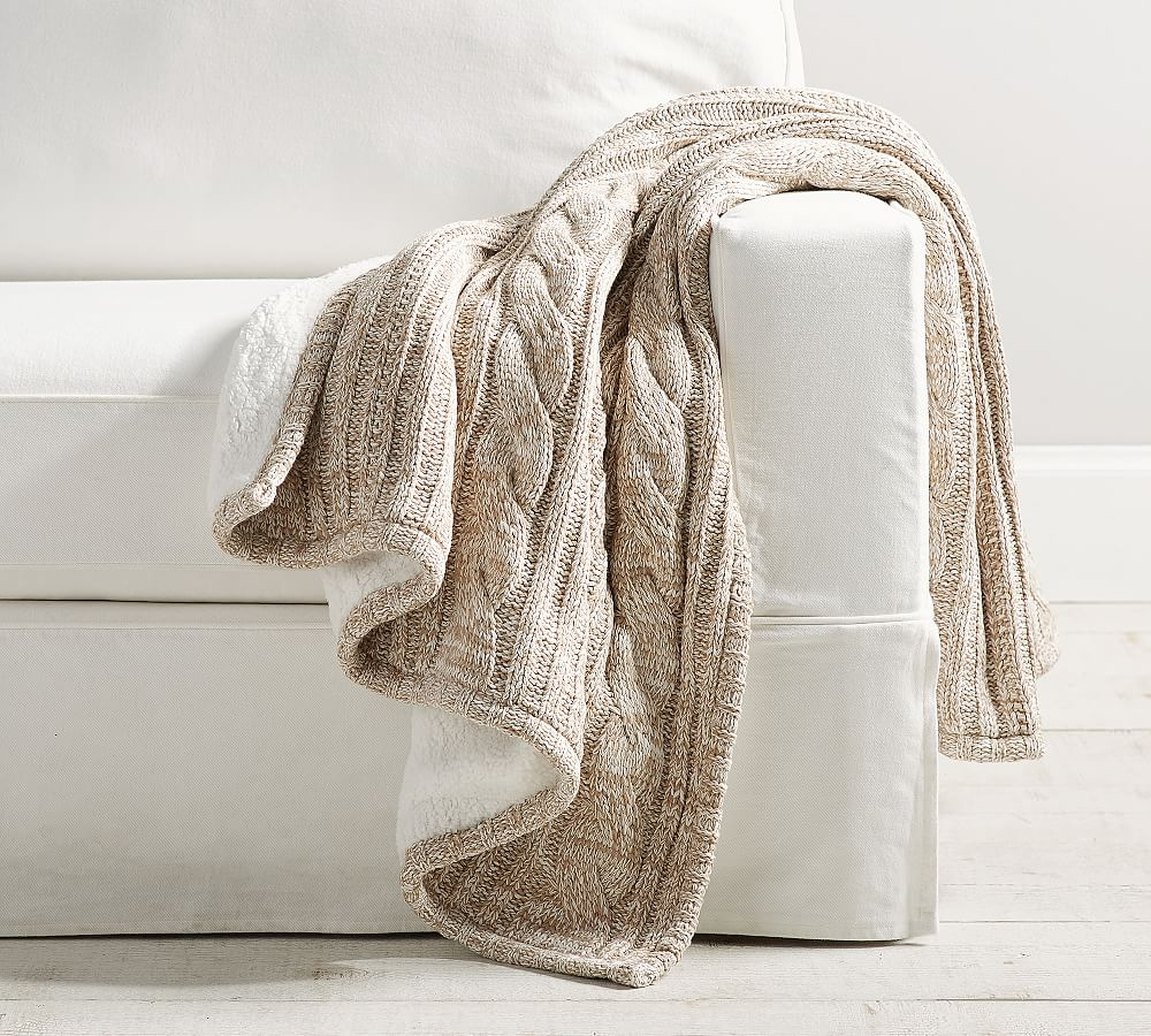 Heathered Cable Knit Sherpa Back Throw, 50 x 60", Neutral - Pottery Barn