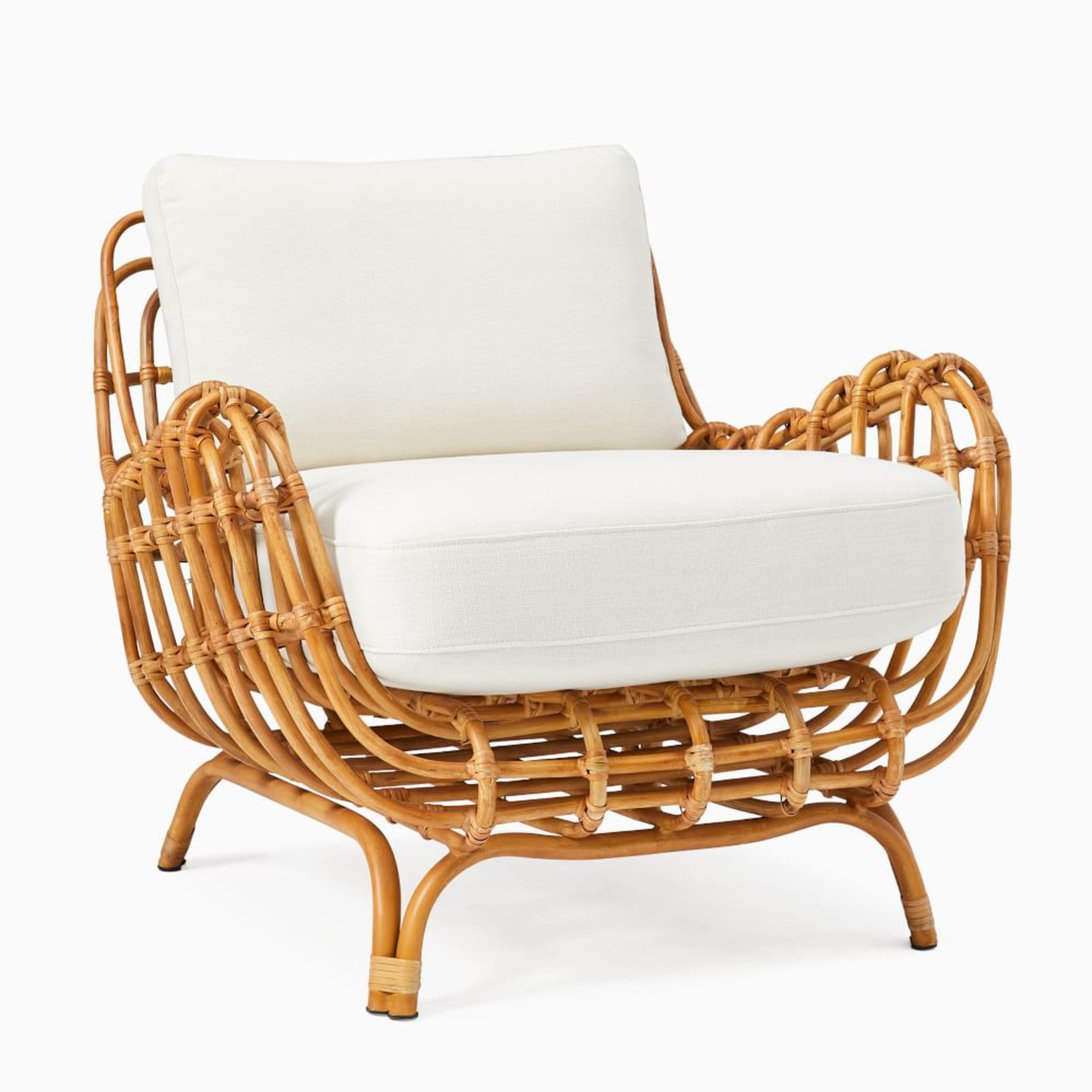 Savannah Rattan Chair + Cushion, Poly, Yarn Dyed Linen Weave, Stone White, Natural Rattan - West Elm