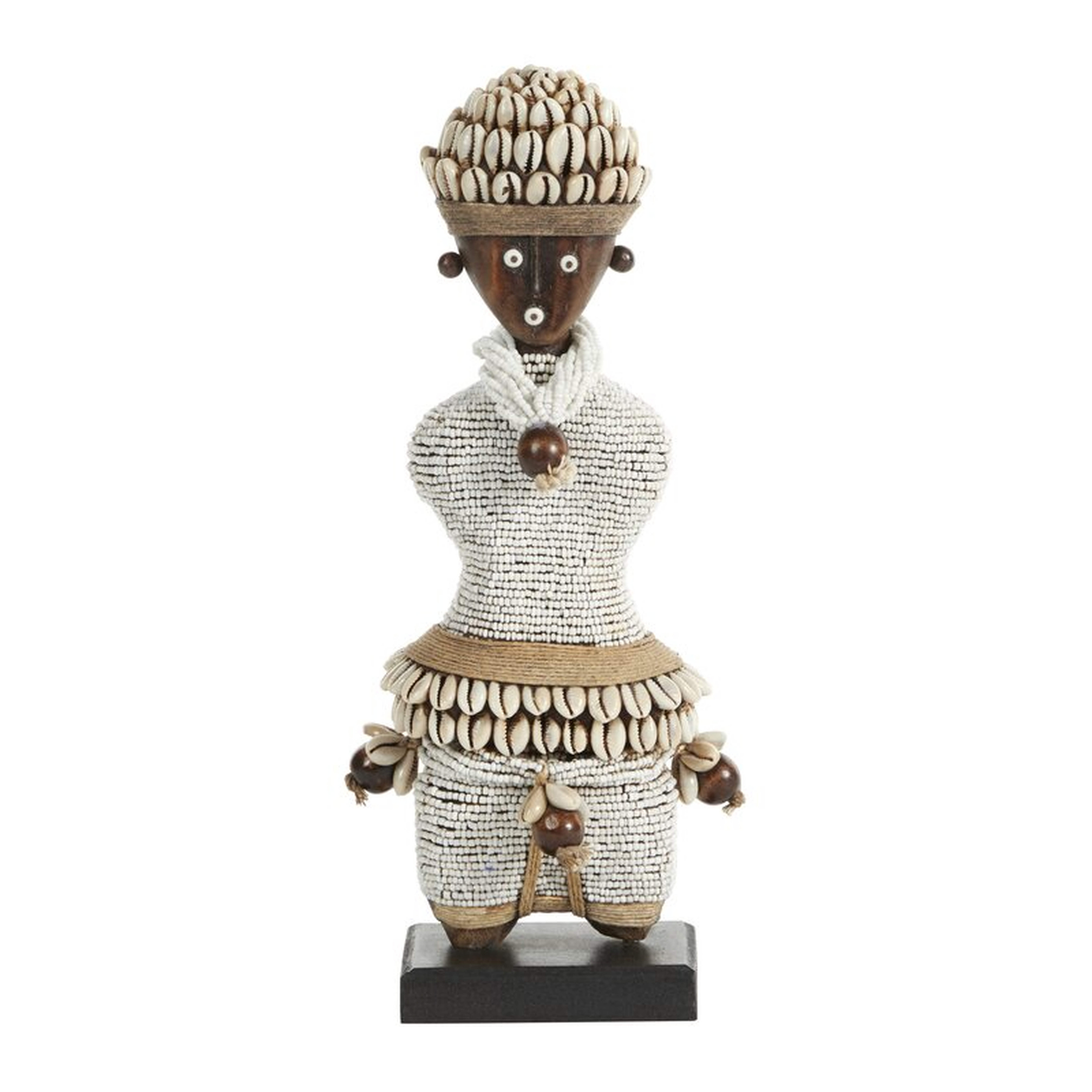 African Treasures Small Hand-Crafted Pine Wood, Cowrie Shells, White Beads & Kente Cloth African Woman Namji Doll Figurine - Perigold