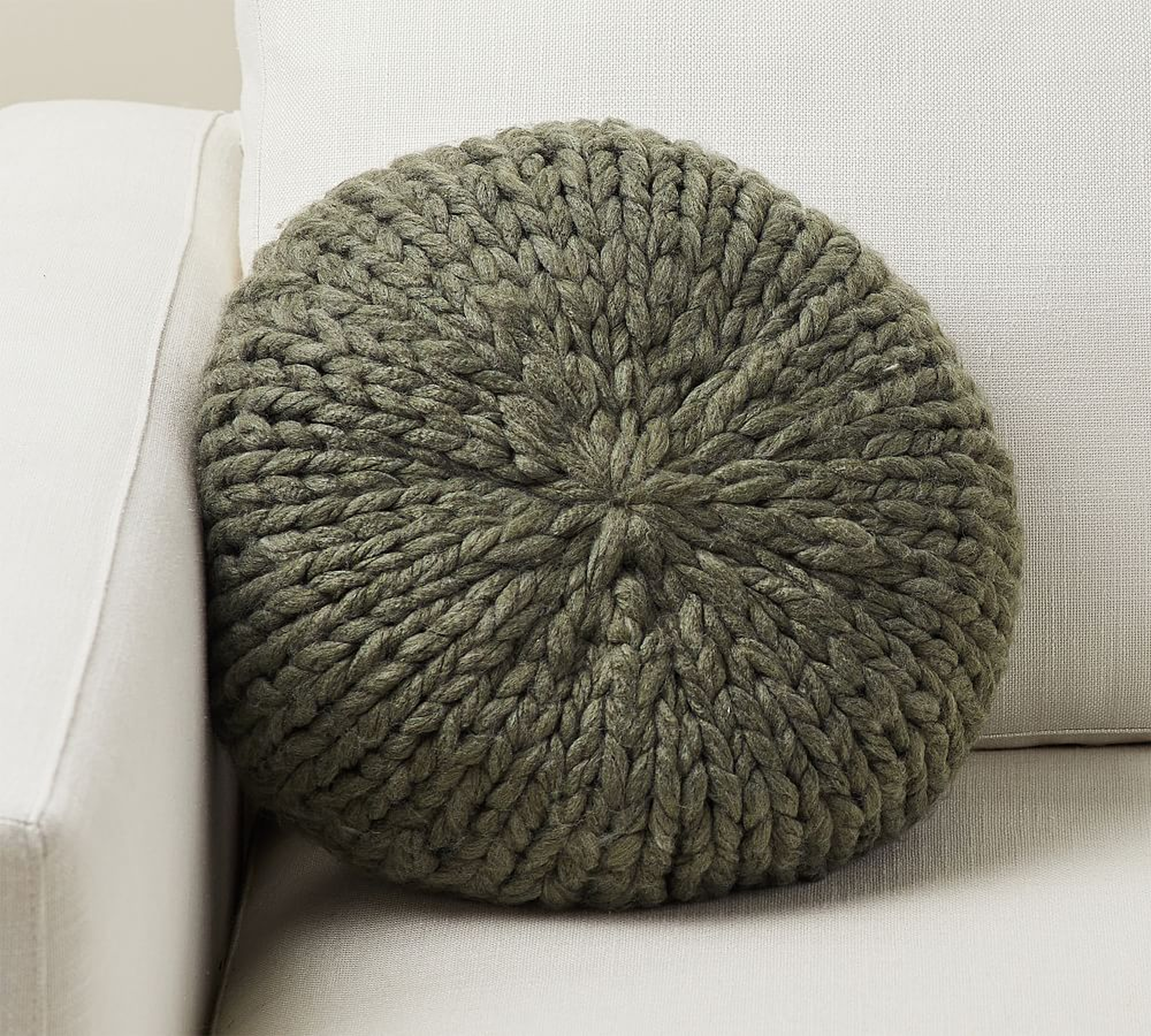 Cozy Handknit Round Pillow, 15", Eucalyptus - Pottery Barn