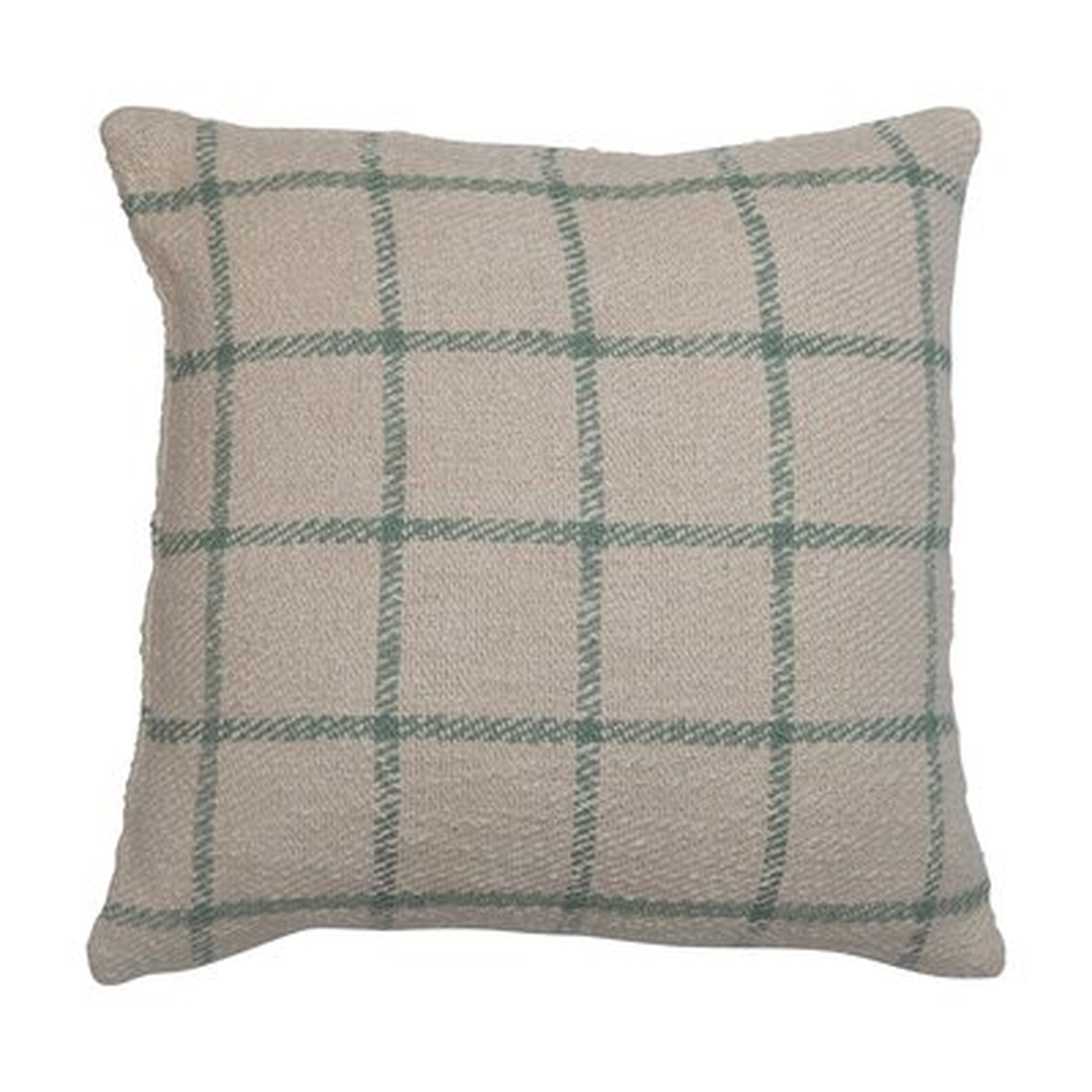 20" Square Woven Cotton Plaid Pillow, Green Plaid On Cream Colored Pillow - Wayfair