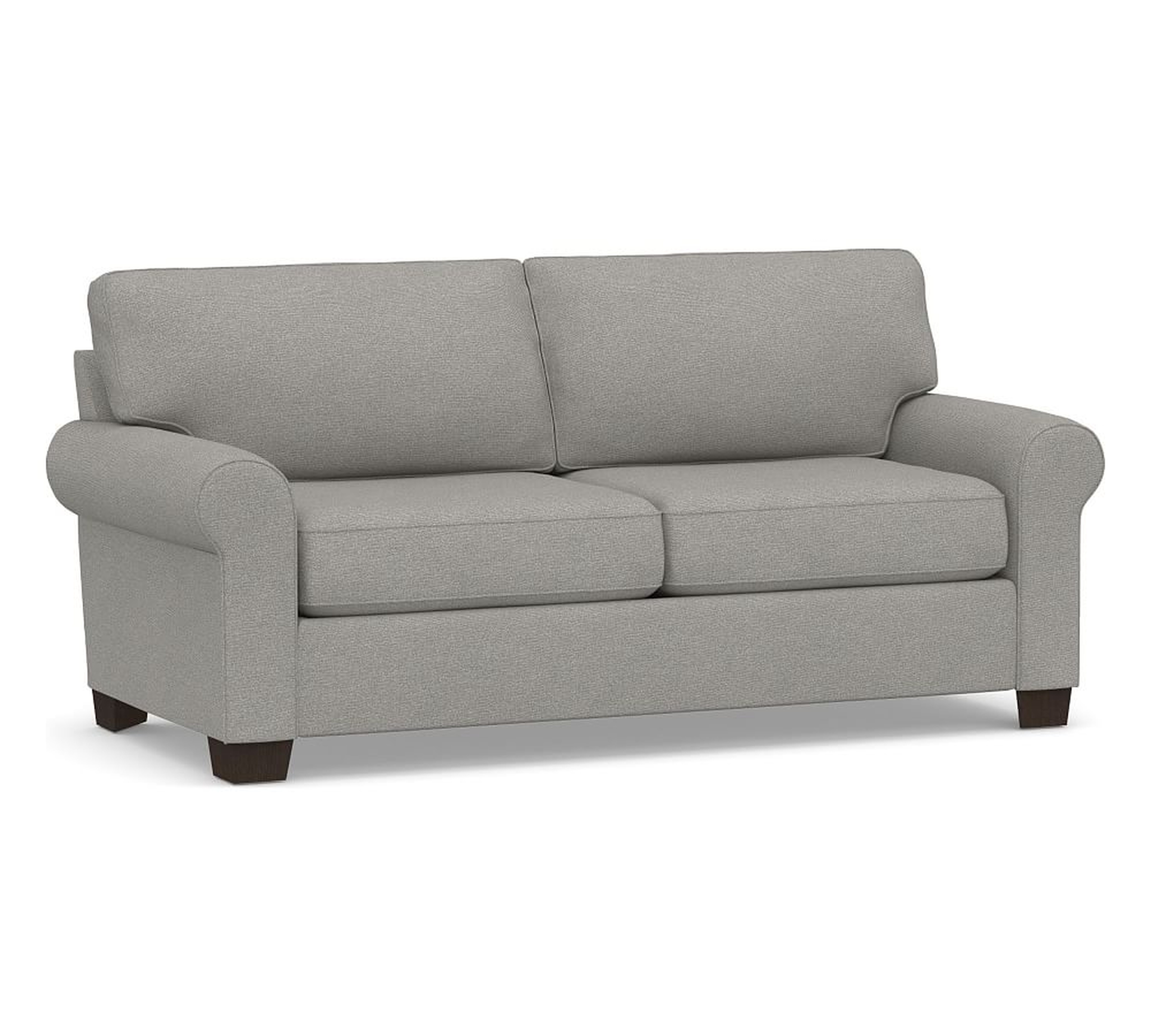 Buchanan Roll Arm Upholstered Loveseat 79", Polyester Wrapped Cushions, Performance Heathered Basketweave Platinum - Pottery Barn